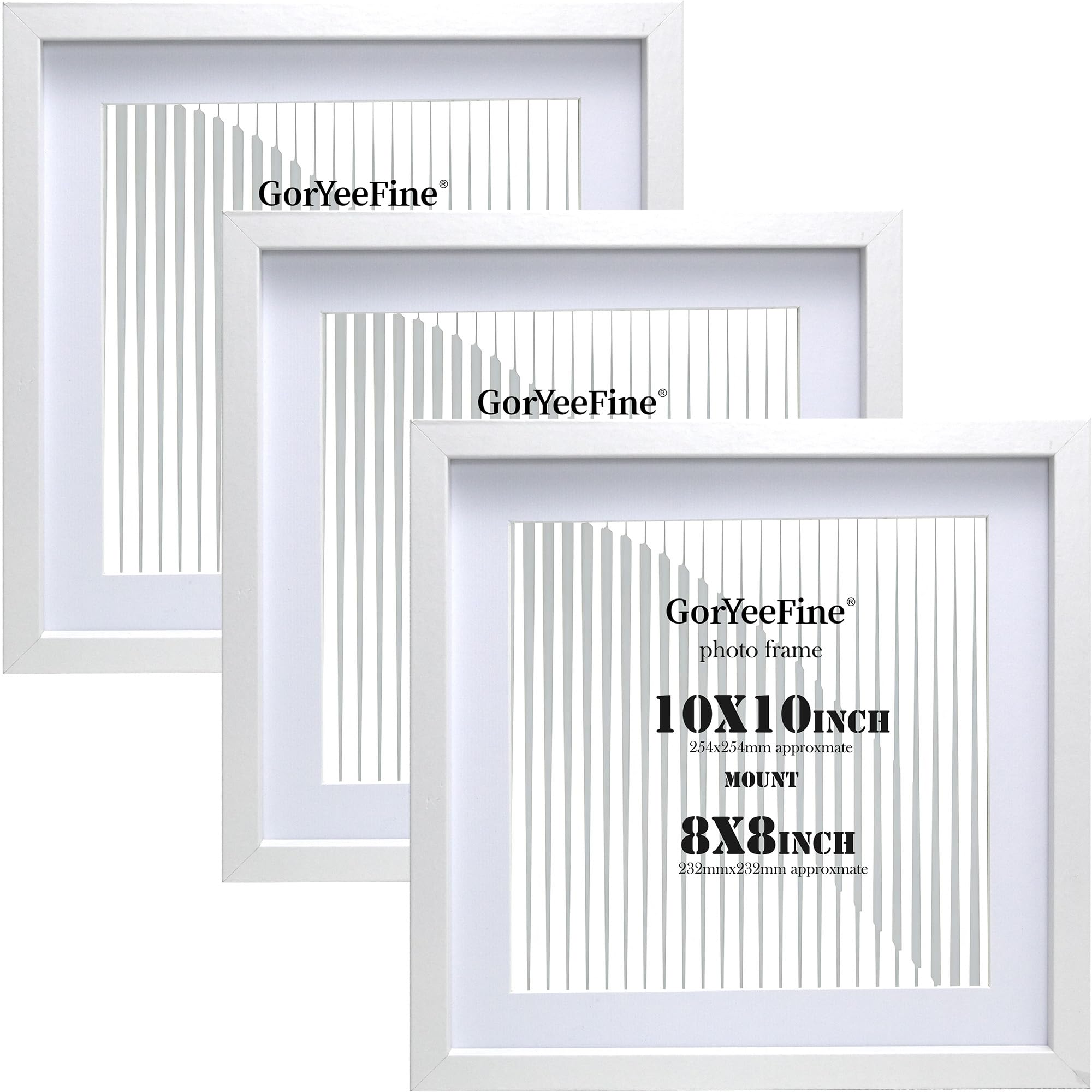 White 10x10'' Square Wood Photo Frame Set of 3 with Acrylic Glass Front,25x25cm Picture Frames with Acid Free 8x8'' Mount, for Wall Mount &Tabletop Display,Ideal for Home Gallery Decor & Gifts