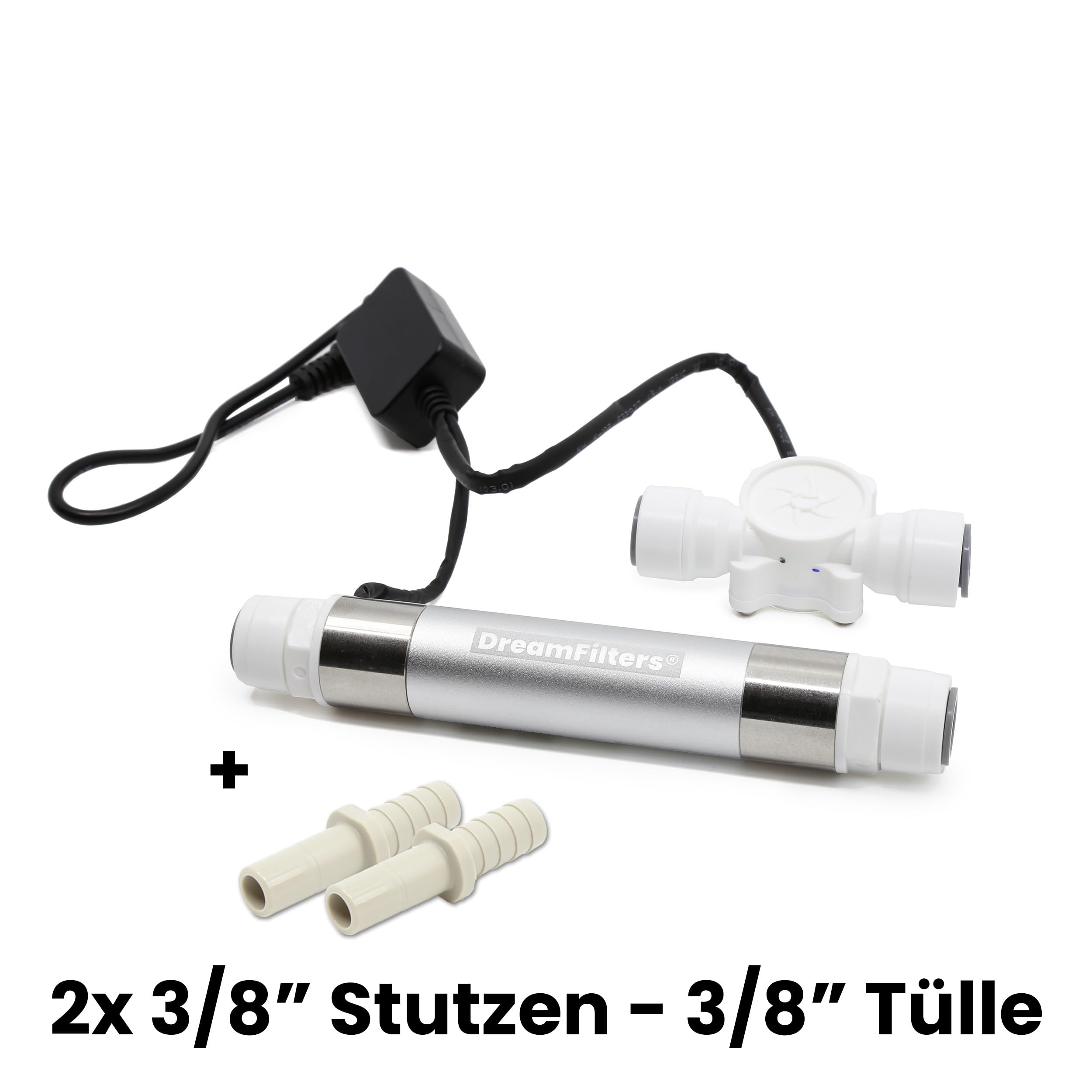 LED UV-C Desinfektionsgerät mit 3/8 Zoll Steckanschlüsse zur Wasserentkeimung für Wohnmobile & Filtersysteme - DC12/24V. (inkl. 2x Reduzierverbinder Stutzen 3/8" – Tülle 3/8" (IG 10 mm Lilie))