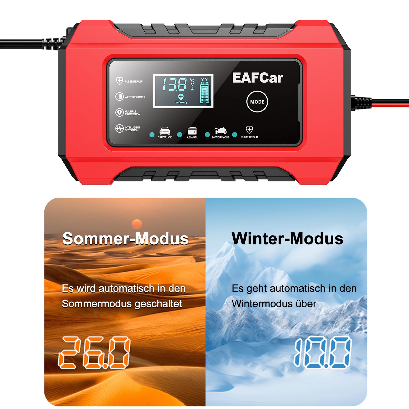6A Car Battery Charger, 12 V Lead-Acid Batteries, Smart Fully Automatic Car Battery Charger with LCD Screen for Car, Truck, Motorcycle, Lawn Mower, Boat, Marine Batteries - 5