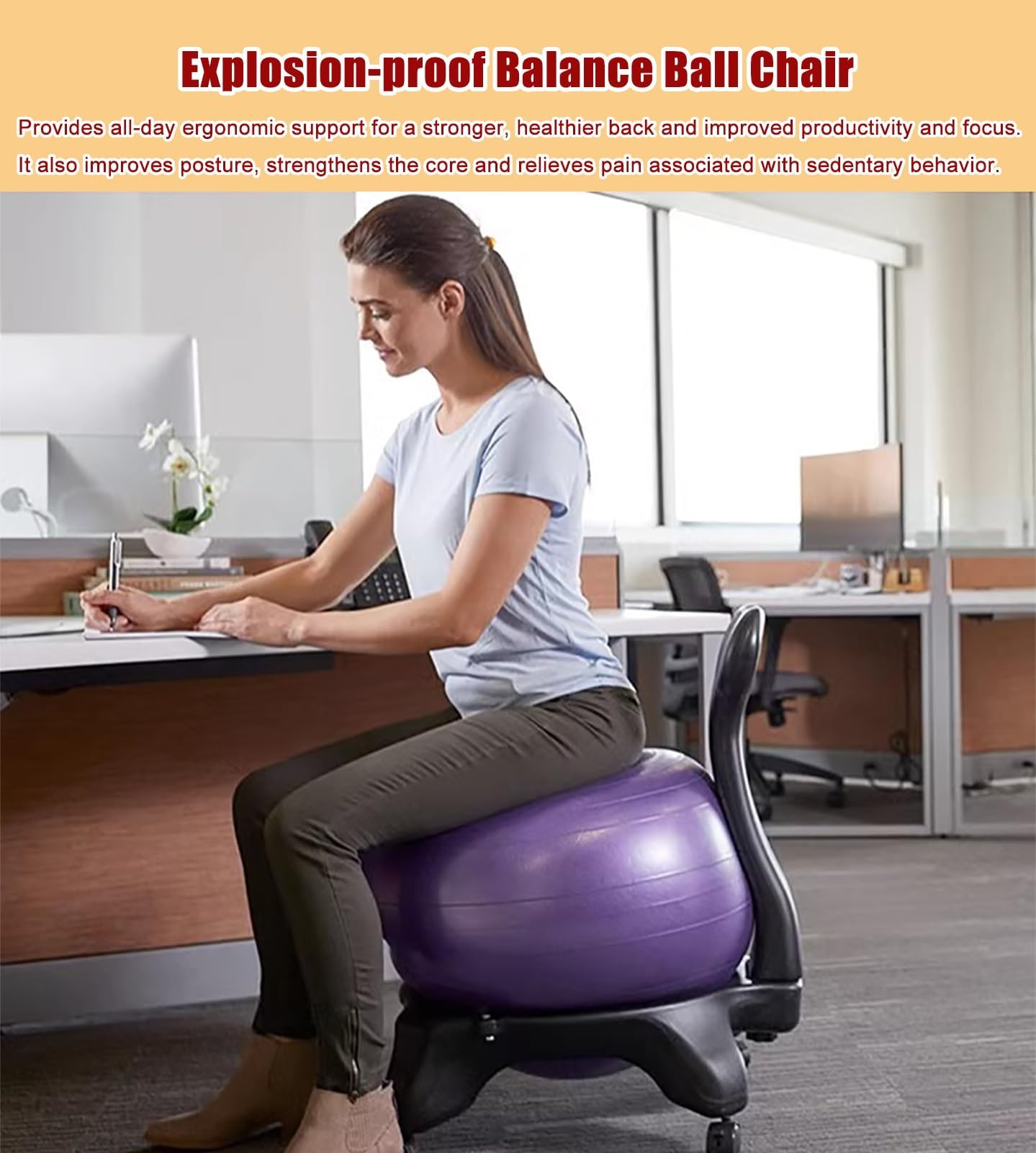 Yoga-Ballstuhl, Balance Ballstuhl Korrekte Sitzhaltung Und Koordinierte Wirbelsäule, Für Zuhause Und Büro Schreibtisch Kann Die Sitzposition Einstellen, Mit Yoga-Ball,004