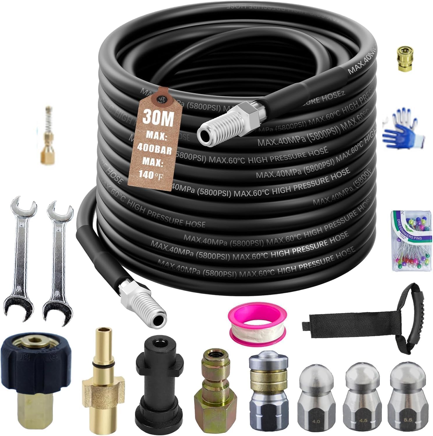 Kit de tuyau de jet de drainage, tuyau à haute pression de 30m de 400 bars pour drains bloqués, patios et allées, compatible avec plusieurs marques de laveuses à pression
