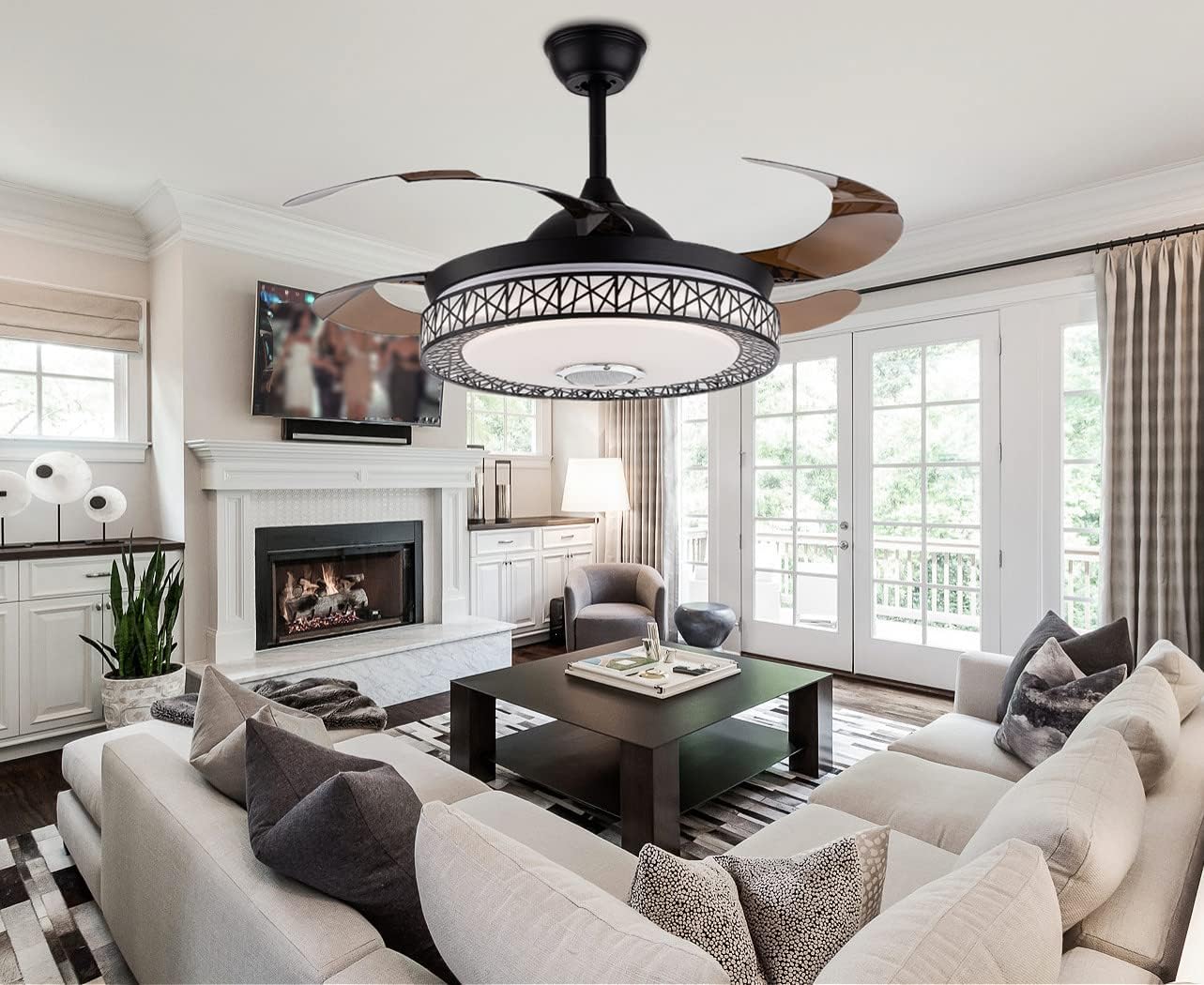 42" Modern Ceiling Fan with Lights,3 Colors 3 speeds Chandelier Invisible Gold Bird Nest Fandelier with Bluetooth Speaker and LED Lamps for Bedroom Living Room (Black)