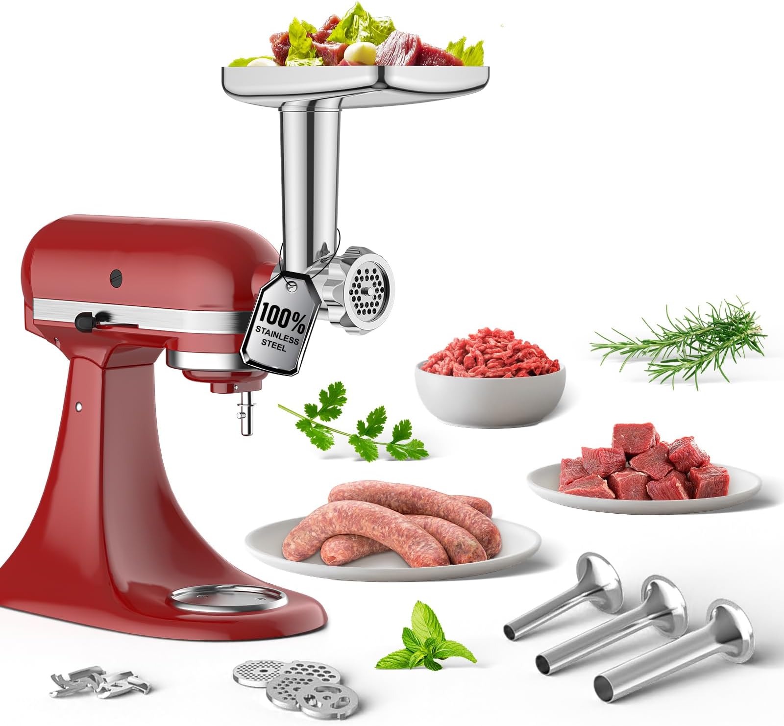 Stainless Steel Meat Grinder Attachment for KitchenAid Stand Mixer, Food Grinder attachment with 4 Grinding Plates, 3 Sausage Stuffer Tubes, 2 Grinding Blades, Mixers Accessories for Kitchen Aid