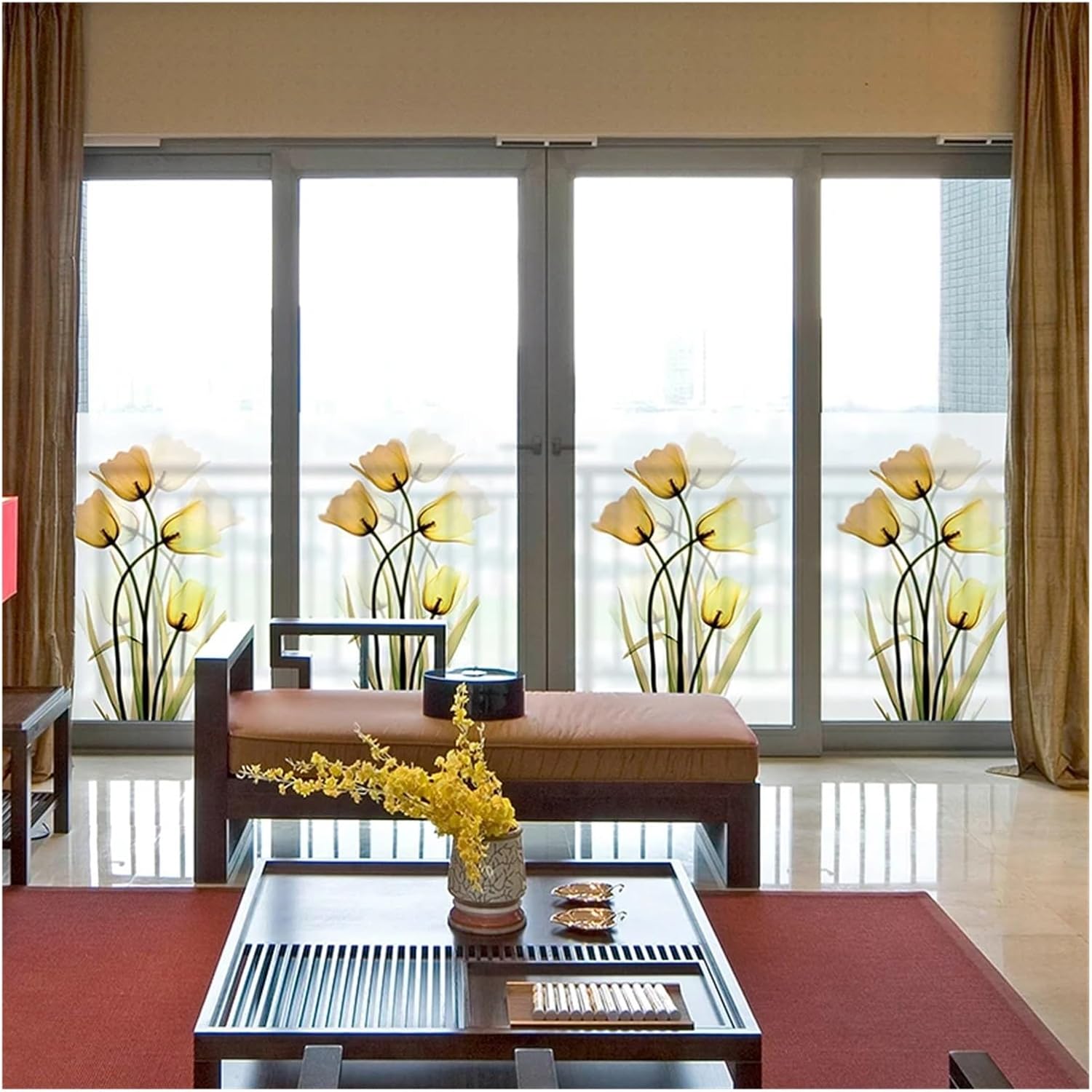 Static Cling Privacy Window Film Dandelion Green Leaf Tulip Flower Style Home Glass Door Decor for Room(Color1,80x200cm)