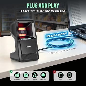 OBZ Barcode Scanner Desktop HandsFree Omnidirectional USB Bar Code Reader