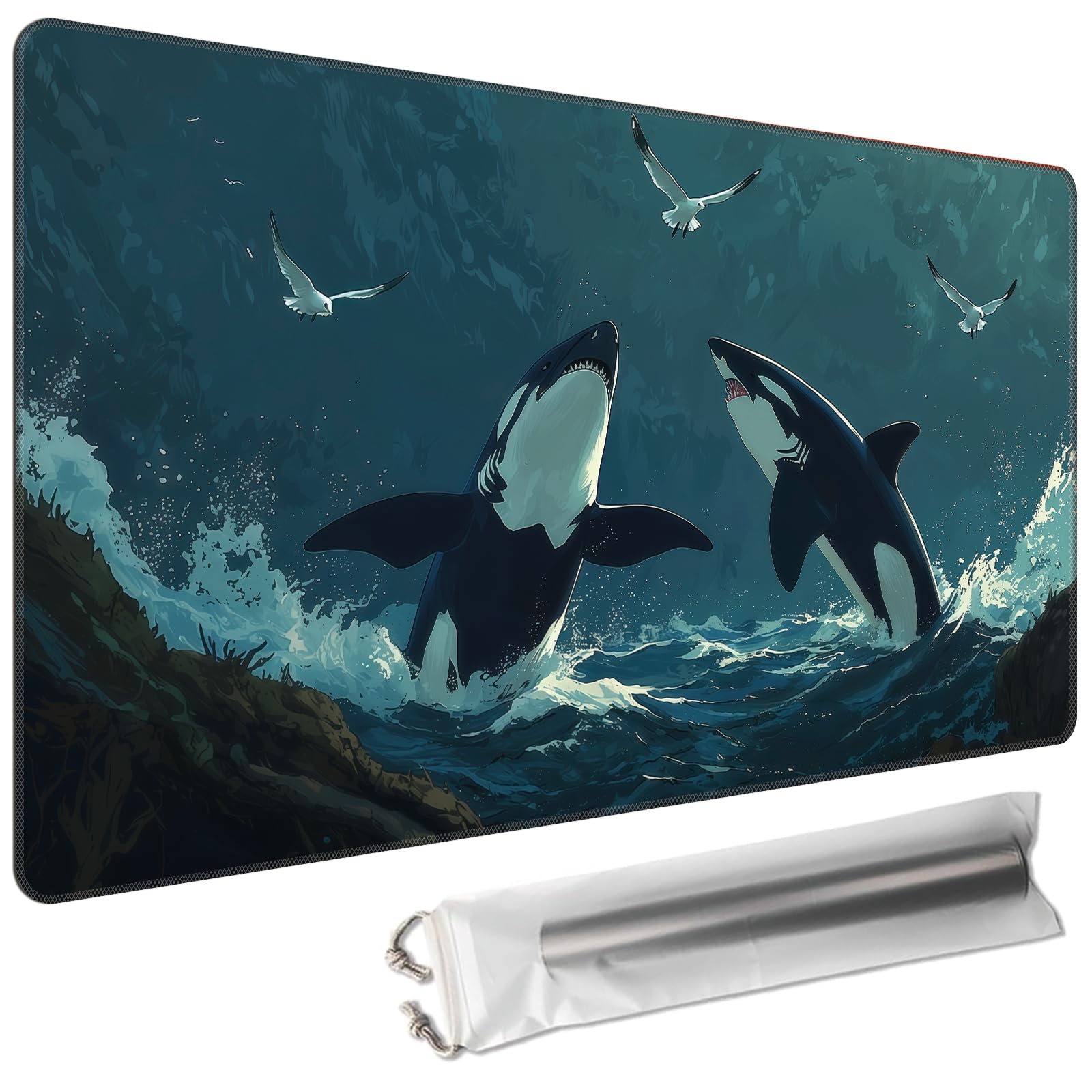 Cdkfxjy for TCG/MTG Playmat 24 x 14in Including Storage Bag | Smooth Surface & Non-Slip Rubber Backing | Stitched Edge Desk Pad & Card Game Mat, Orcas