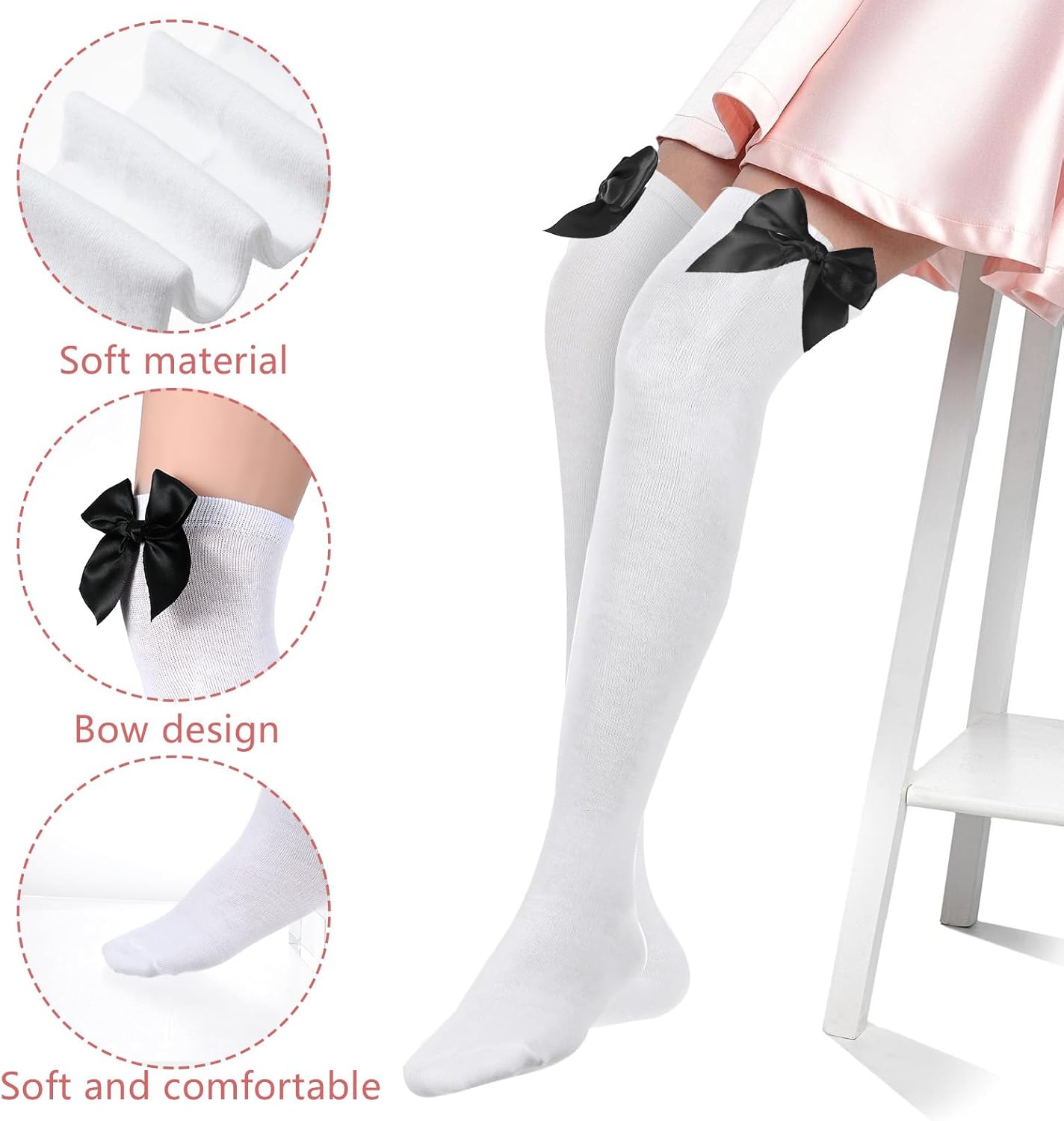 Thinp Women's Cotton Opaque Knee High Socks Smooth Edge Bow Socks Cute Soft Knee Uniform Dress Sock with Bow Lolita Gothic - Image 2