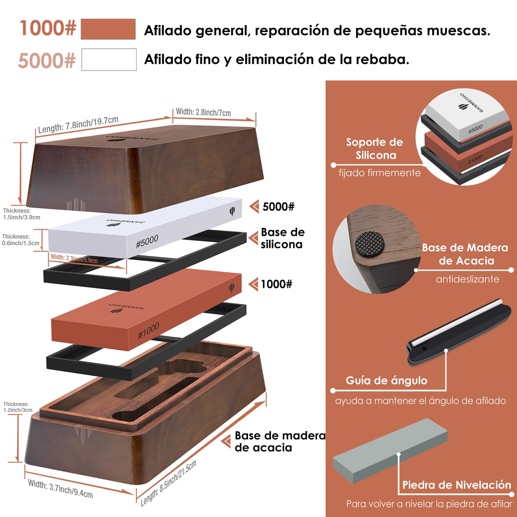 SANMEIHO Piedra de Afilar con Caja de Almacenamiento, Piedra Afilar Cuchillos Grano 1000/5000, Kit Afilador con Base Antideslizante, Guía de Ángulo y Piedra Niveladora para Cuchillos y Herramientas
