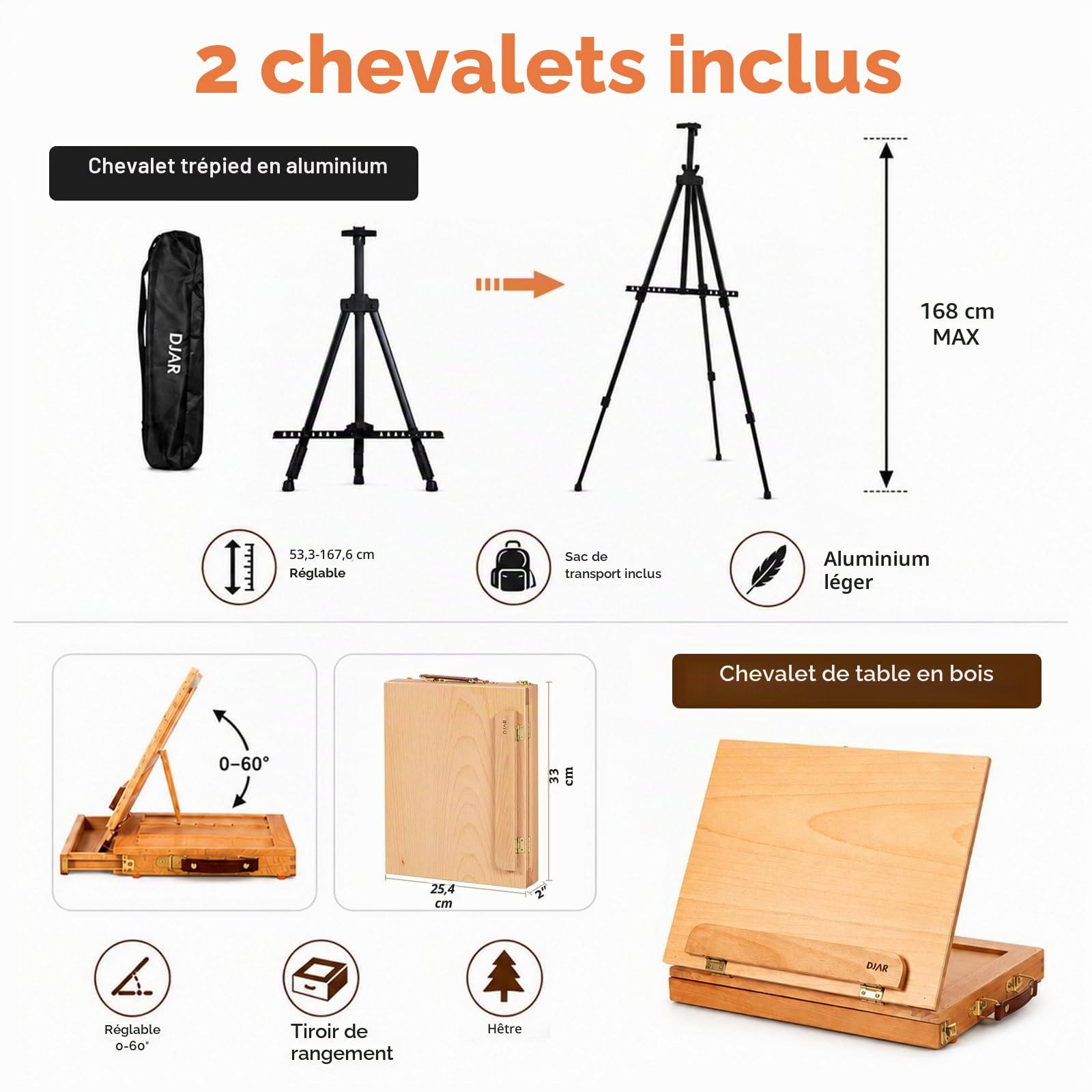 DJAR Kit de peinture professionnel tout-en-un de 174 pièces avec chevalet en bois de hêtre certifié FSC, ensemble de 96 peintures acryliques, aquarelle et à l'huile, kit de fournitures de peinture
