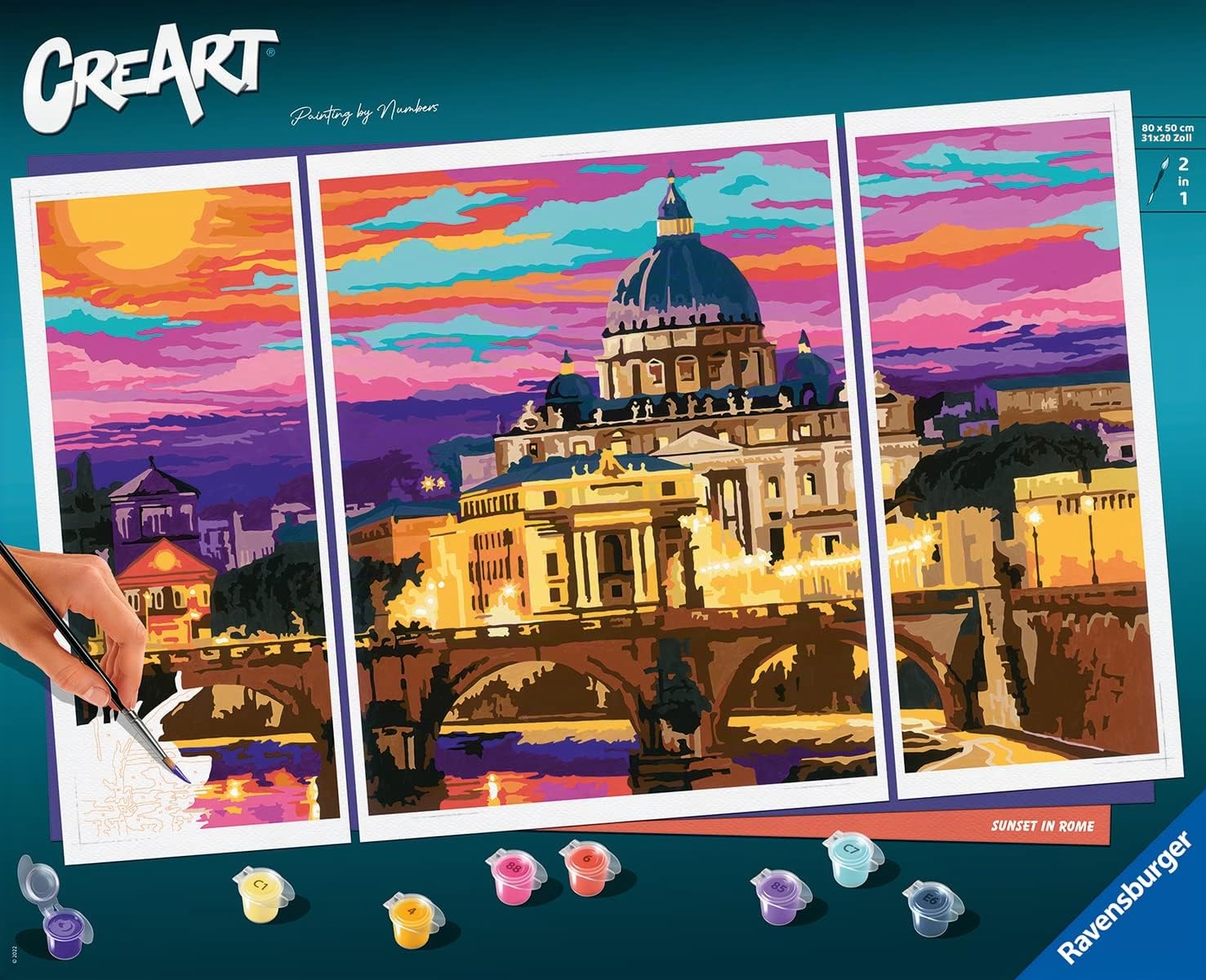 Ravensburger - CreArt Triptychon, Rom, Malen nach Zahlen, enthält 3 vorgedruckte Bretter, Pinsel, Farben und Zubehör, kreatives Spiel und Entspannung für Erwachsene ab 14 Jahren