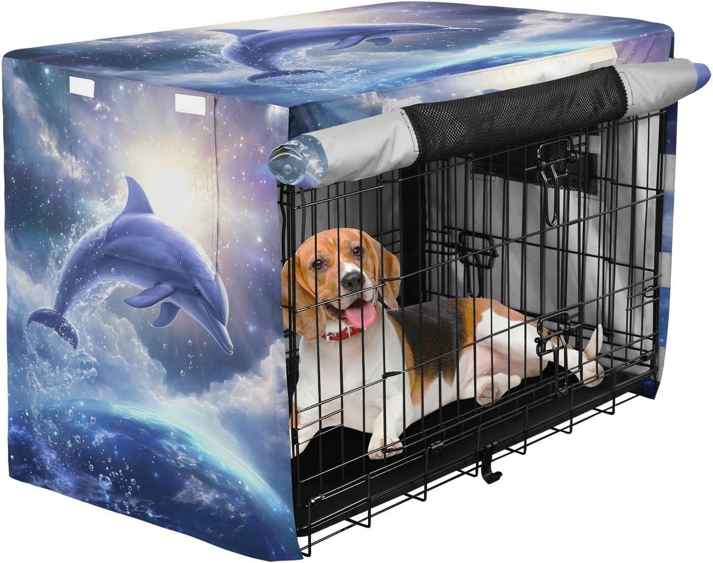 Dolphin Leaping Dog Crate Covers S-XL Washable Pet Crate Cover with Roll-up Sides, Reduces Barking, Large