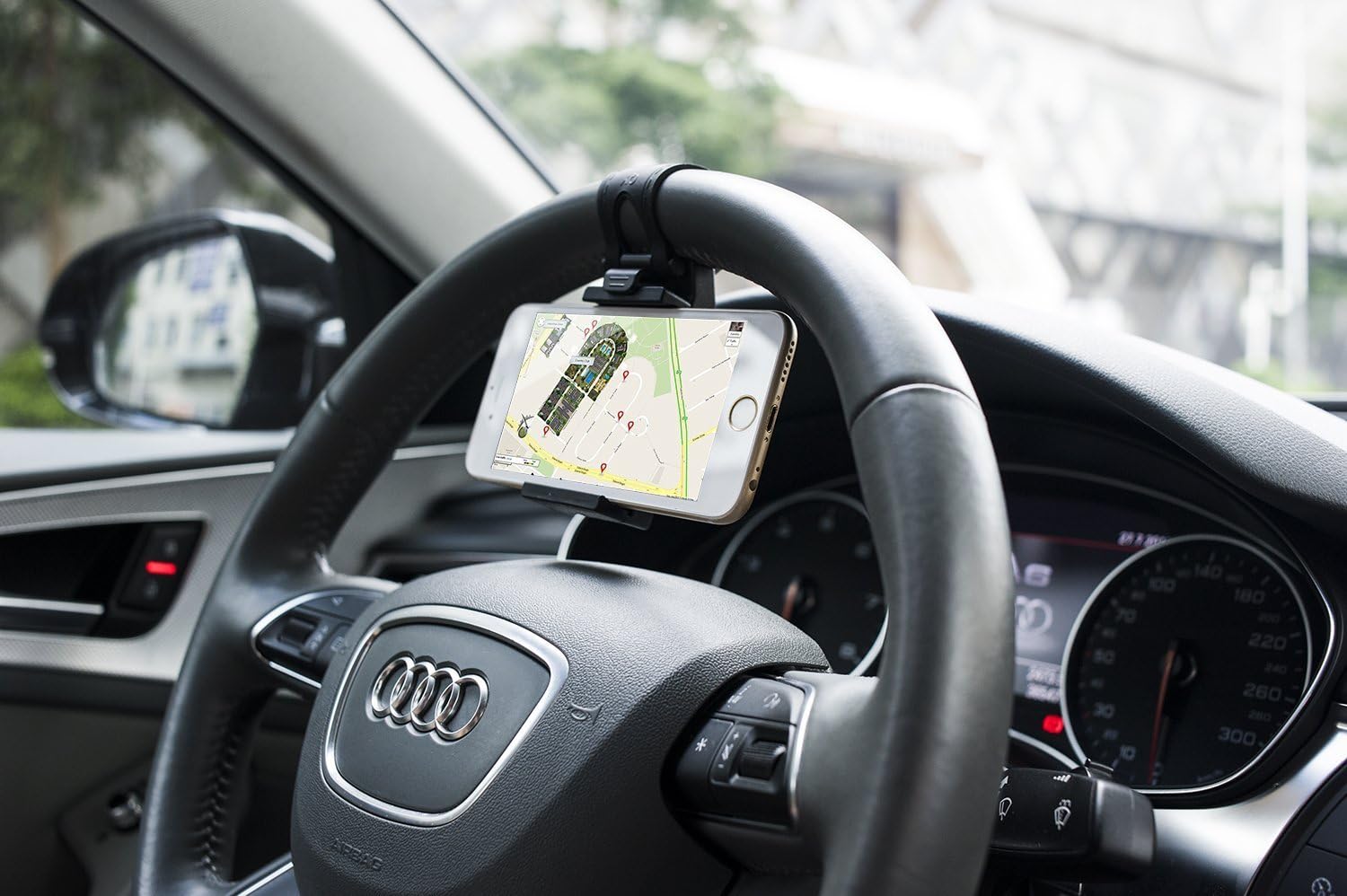 Universal Cell Phone Car Mount Holder on Steering Wheel, Steering Wheel Phone Socket Holder for Iphone 6 5s 5 4s 4, Samsung Galaxy (Black)