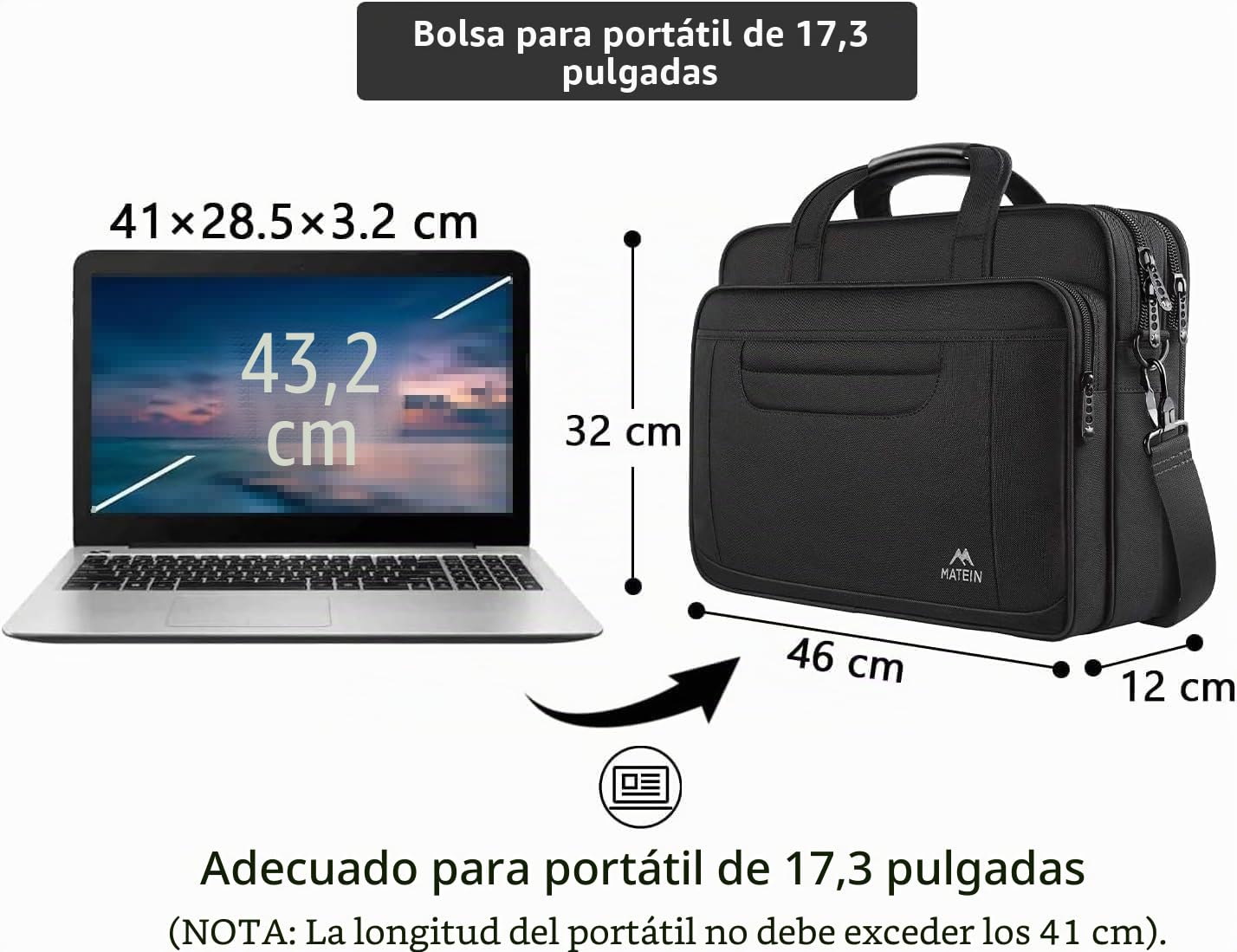 MATEIN Bolso para Computadora Portátil de 17 Pulgadas, Bolso de Hombro, Maletín de Negocios Grande Multifuncional, Aplicar para Hombres/Escuela/Viaje/Ordenador Portátil, Negro