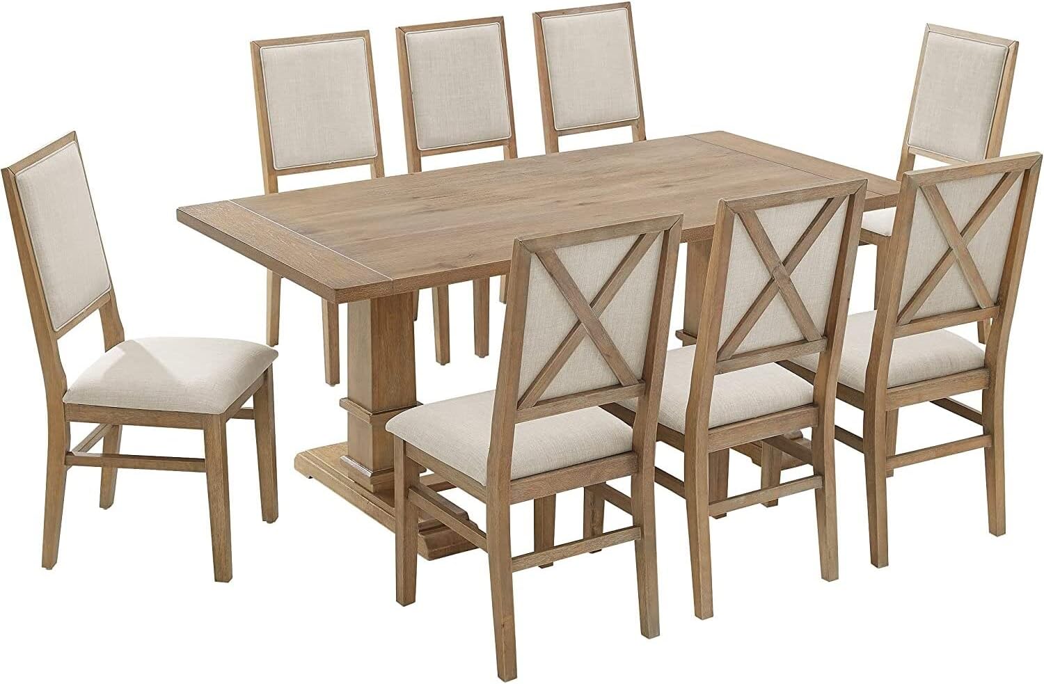 Crosley Furniture Joanna 9-Piece Modern Farmhouse Dining Table Set for 8 with Upholstered Chairs, Rustic Brown/Creme