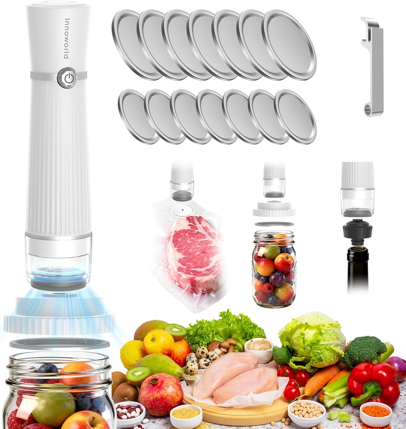 3-in-1 Vacuum Sealer for Food Compatible with Vacuum Bag, Mason Jar, Wine Bottle, Handheld Saver Compact Vacuum Sealer Machine with 14 Reusable Bags, 14 Mason Jar Lids, Wine Stopper