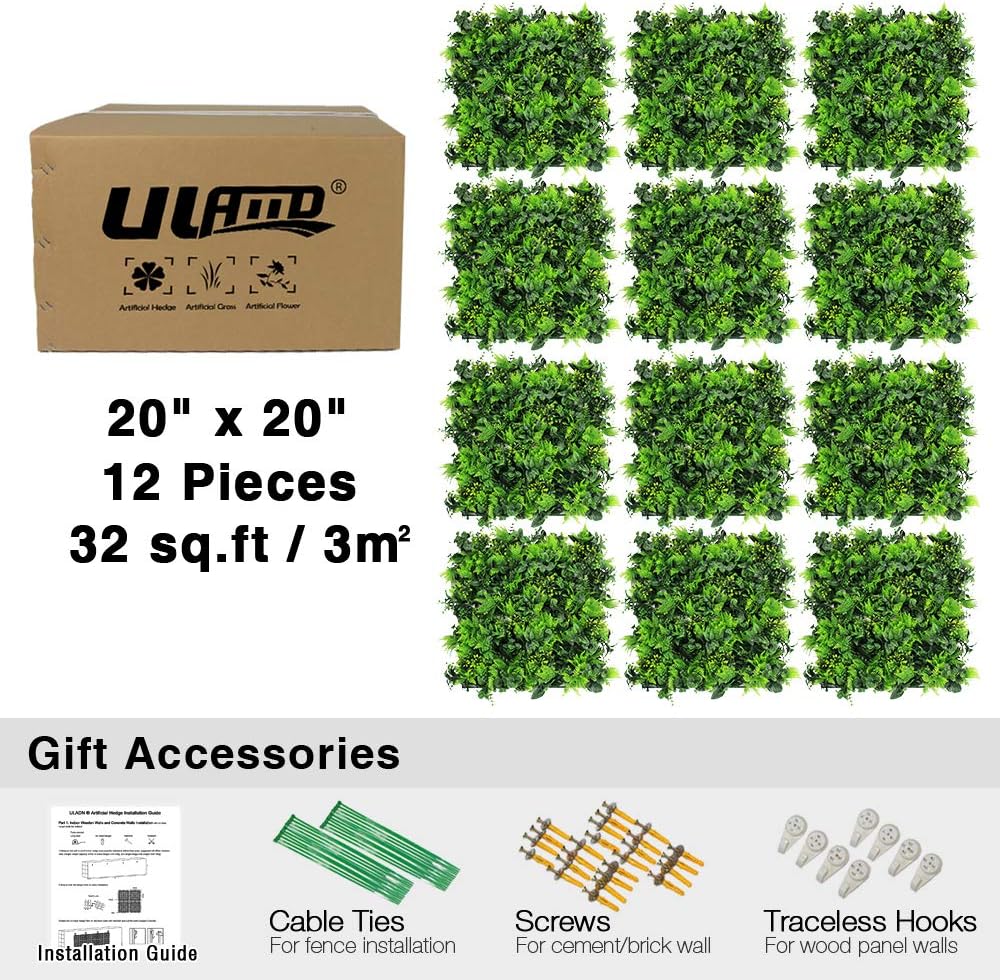 Artificial Grass Wall Panels, 12pcs 20"x20" Plant Wall Mats for Greenery Backdrop, 3 sqms Outdoor Green Hedges for Privacy Screening Fence Covering