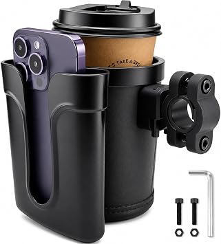 Bike Cup Holder with Phone Keys Holder, Handlebar Water Bottle Cage for E-Bike, Scooter, Stroller, Wheelchair