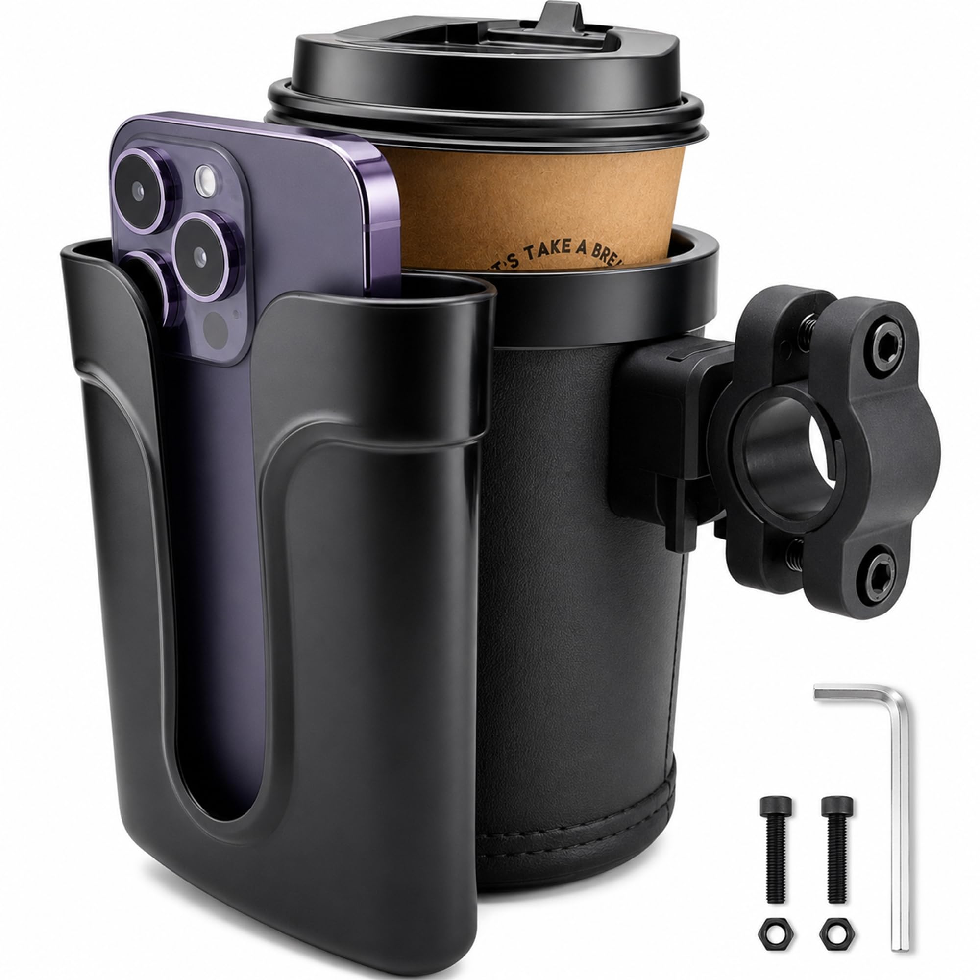 Bike Cup Holder with Phone Keys Holder, Handlebar Water Bottle Cage for E-Bike, Scooter, Stroller, Wheelchair