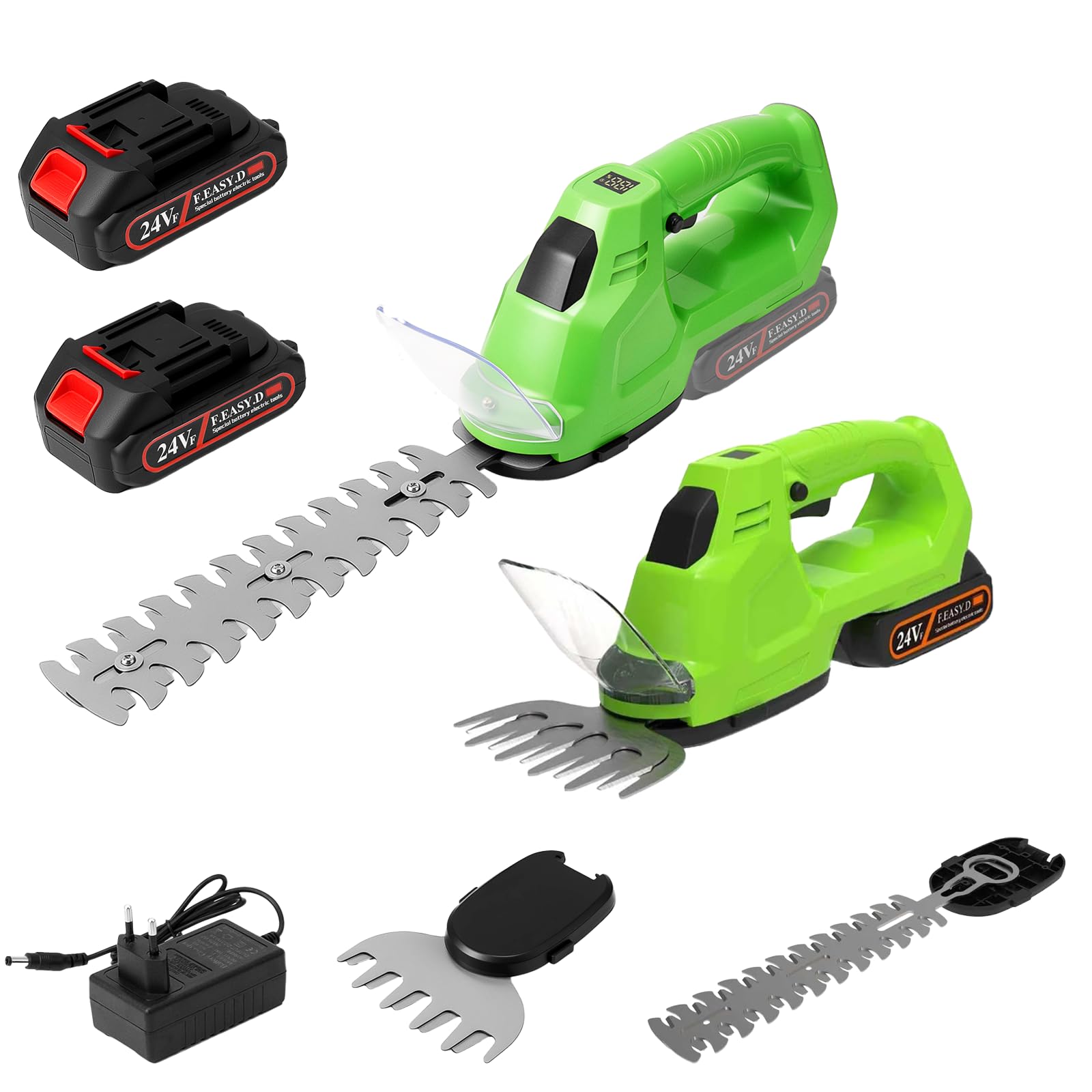 Tagliasiepi a Batteria, 2 in 1 Taglia Siepe Giardino a Batteria con 2 Lame, Tagliasiepi Elettrico 21 V con Batteria 2*2,0 Ah, Testa Orientabile a 90° 130 mm e 220 mm per Taglio Giardino, Potatura, V