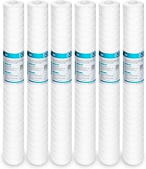 Membrane Solutions 1 Micron 2.5" OD x 20" Length Sediment Water FilterString Wound Polypropylene Cartridge for Whole House Filter Systems - 6 Pack