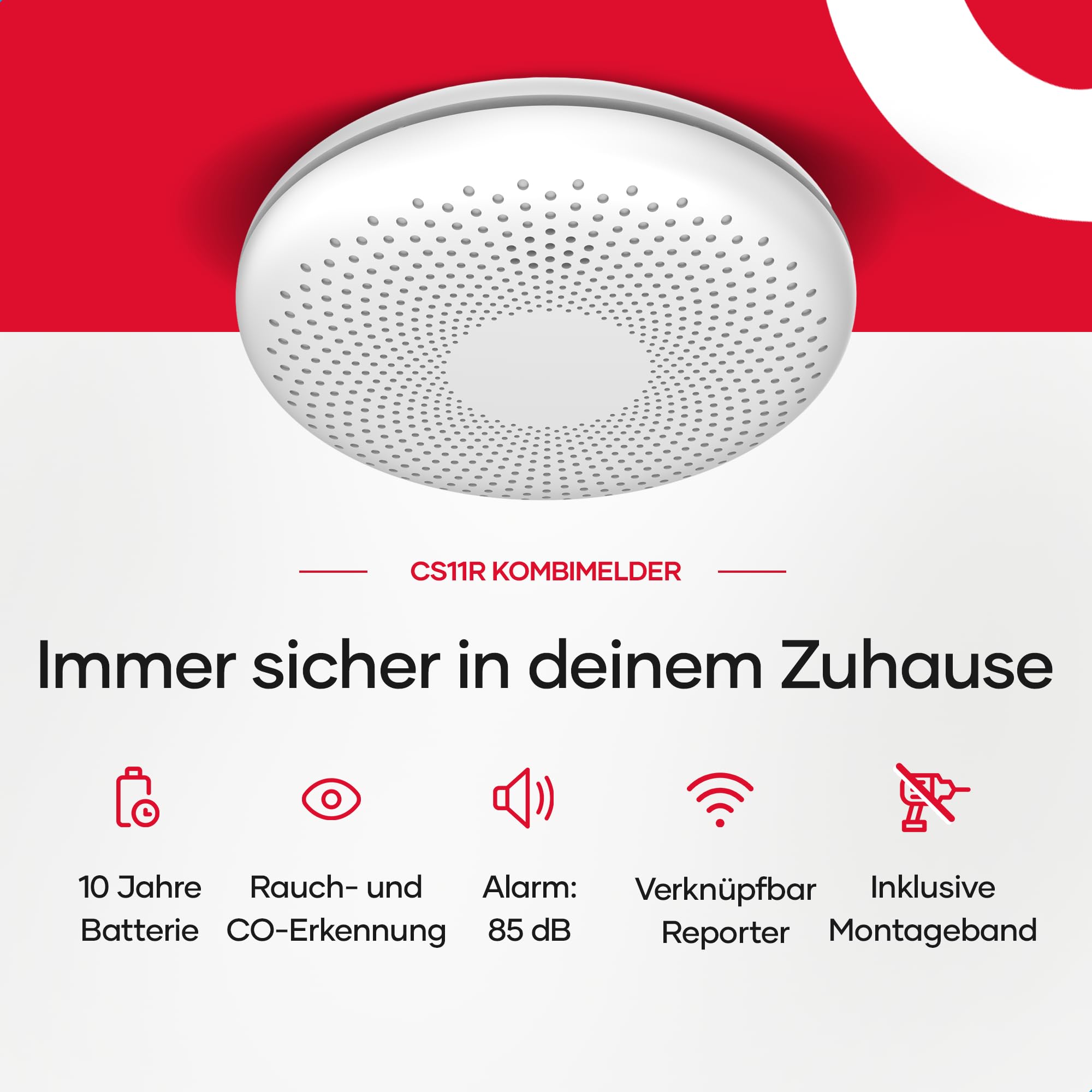 SAVS CS11R Vernetzbarer kombinierter Rauch und CO Melder – 10 Jahre Batterie – Rauchmelder und Kohlenmonoxid Melder – Extra dünnes Design – Kein LED-Licht – Montage ohne Bohren