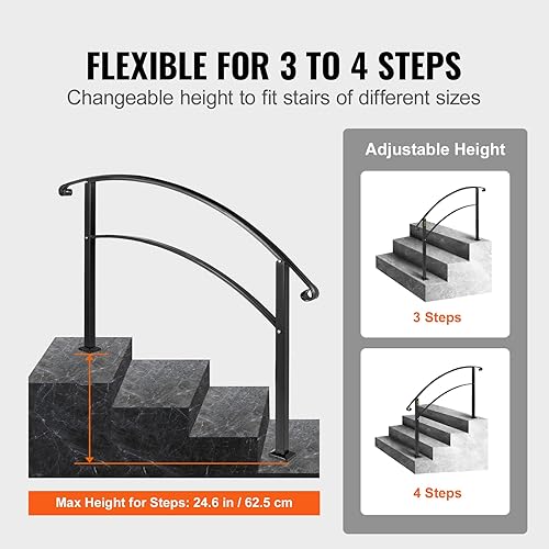 Miniatura 30 de VEVOR Pasamanos de escalera de metal ajustable para escalones al aire libre, 2-3 escalones, arco negro #1, barandillas gruesas para escaleras
