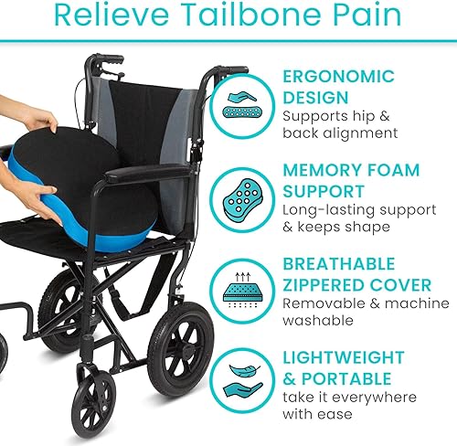 Miniatura 2 de Vive Cojín para aliviar el dolor de coxis  Almohada de asiento de espuma viscoelástica para sillas de ruedas  para ciática, coxis, dolor de espalda,