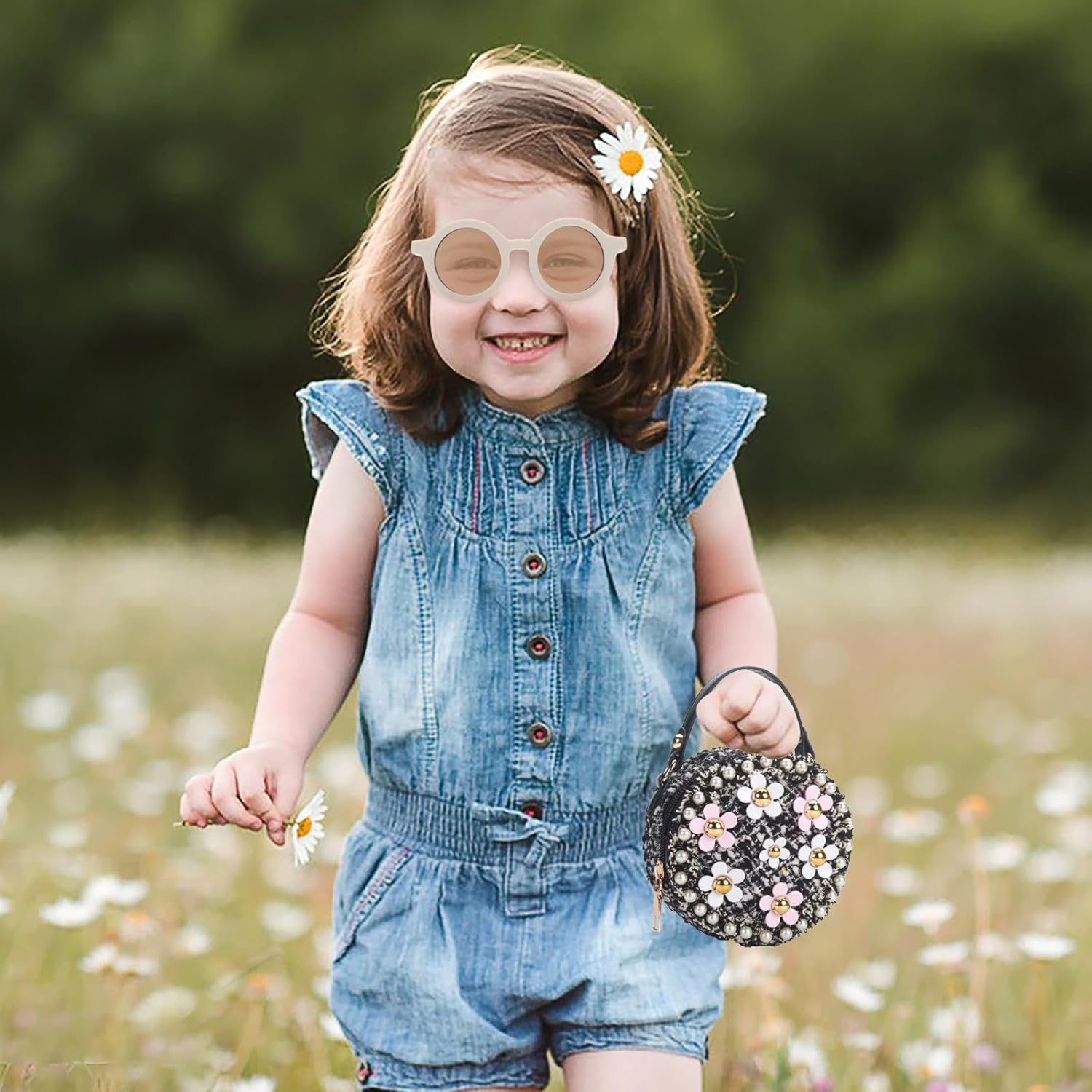 Kids Purse for Girls Age 1-14, Flower Purse for Kids, Black Toddler Wallet with Round Glasses, Cute Girls Handbag, Toddler Crossbody Bag Gift for Christmas - Image 3
