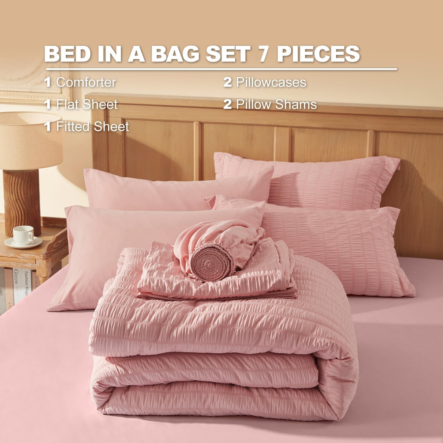 Full Size Comforter Sets 7 Pieces, Pink Seersucker Bed in a Bag Set Full Size, All Season Luxury Bedding Sets with Comforter, Sheets, Pillowcase & Sham