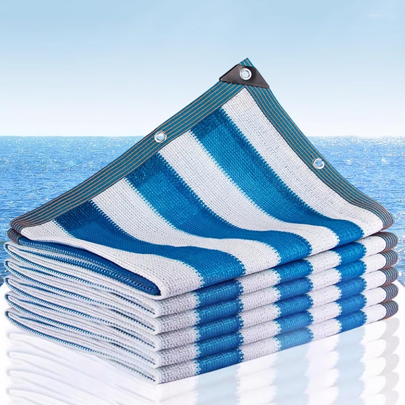 Voile d'ombrage durable 4 x 12 m aux finitions soignées bleu et blanc