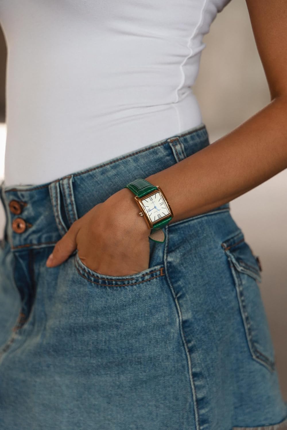 Peugeot Women's 14K Gold Plated Tank/Silver-Tone Tank Leather Dress Watch with Roman Numerals Dial - Image 5