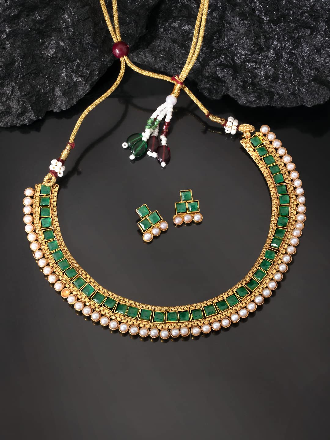 Aheli Gargantilla de perlas Kundan de imitación étnica para novia, juego de joyas tradicionales indias de Bollywood con aretes para mujeres y niñas (verde)