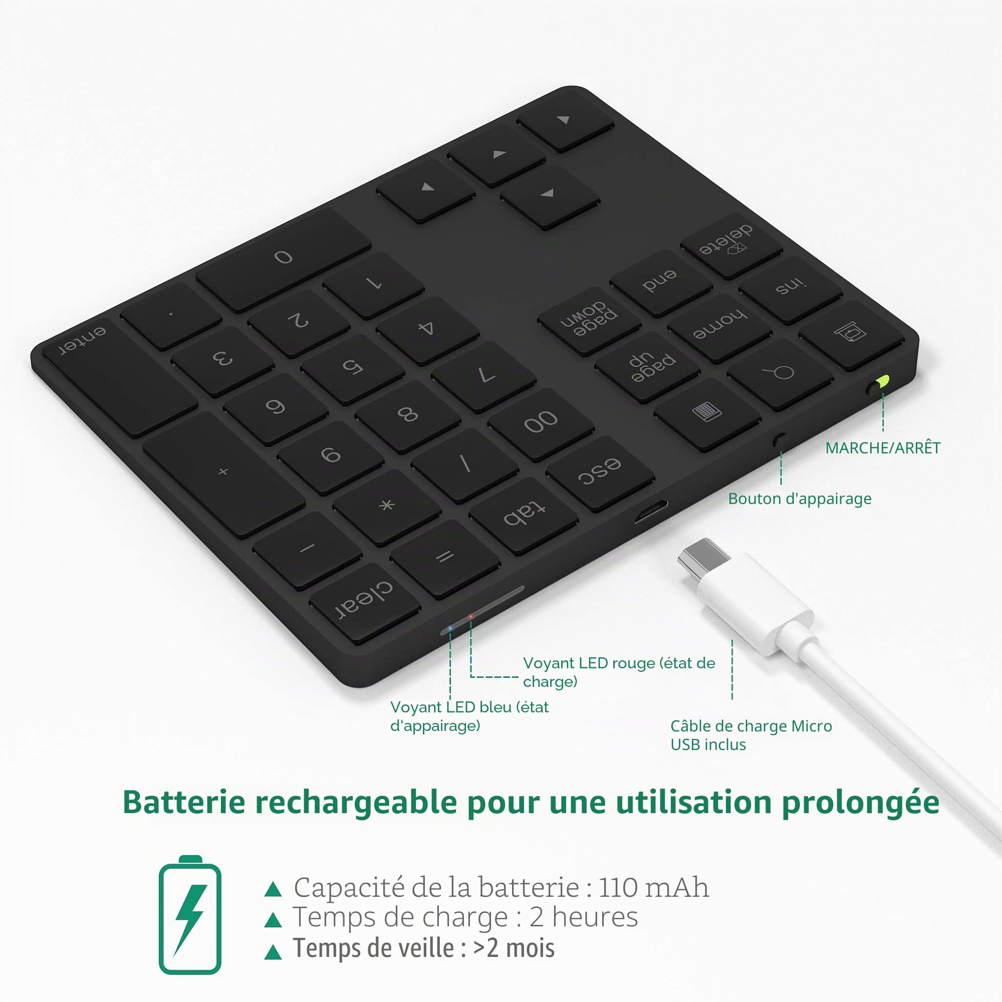 Pave Numerique Bluetooth, Clavier Pave Numerique sans Fil en Externe à 34 Touches avec Plusieurs Raccourcis Clavier pour Laptop Windows Compatible ma c avecTablette Android Smartphone