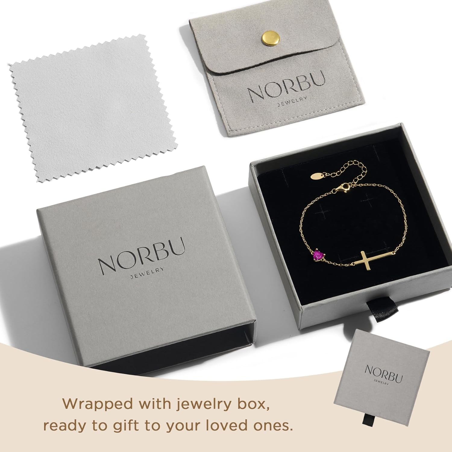 NORBU S925 Cross Bracelet for Women, 18K Gold Plated Sterling Silver Womens Cross Bracelet with Heart Birthstones, Religious Christmas Gift Anniversary Birthday Jewelry for Wife Girlfriend Her - Image 6