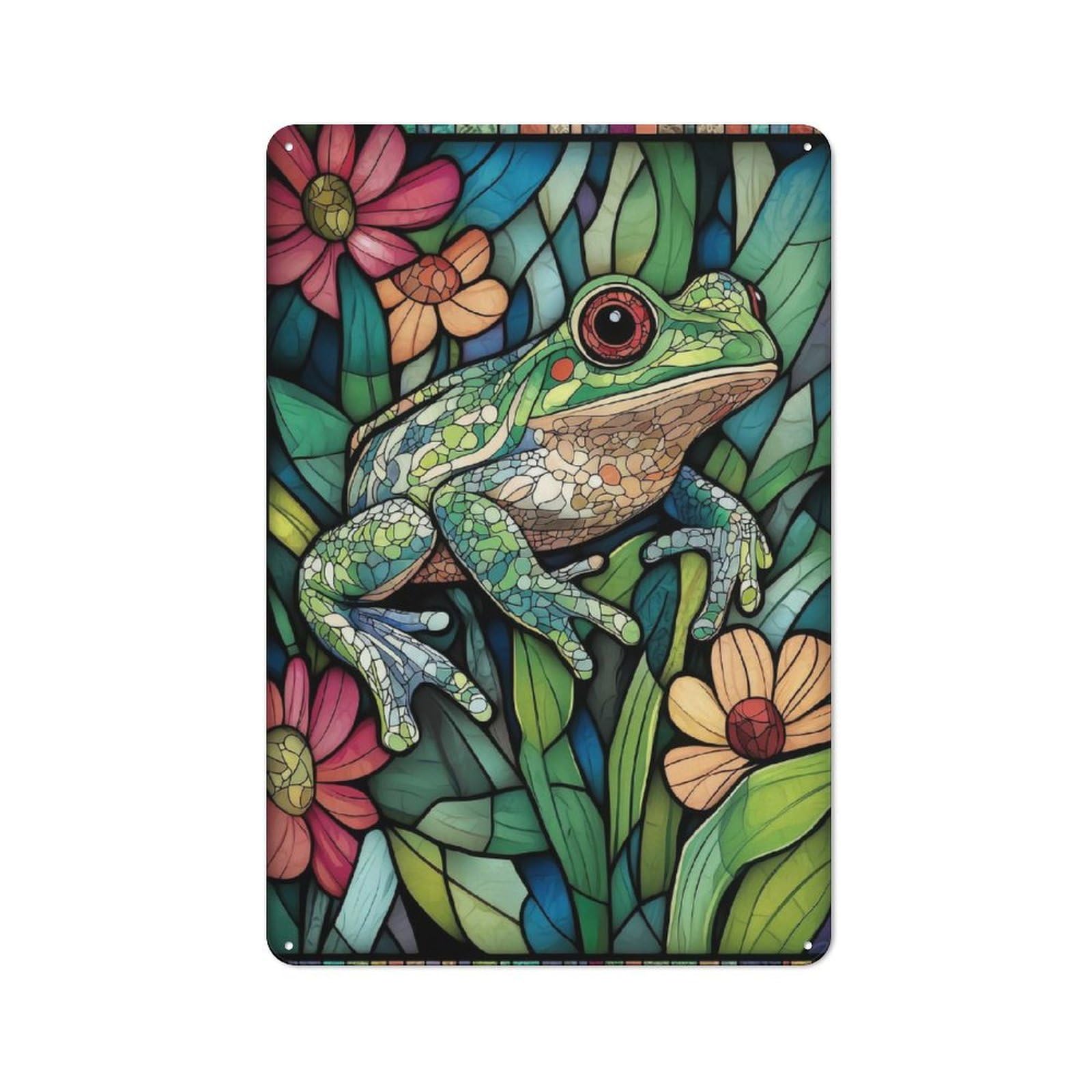 Junmoney Stained Glass Frog Rustic Metal Plaque 30X20cm For Lounge Or Reading Corner, For Home Office, Studio And Craft Room Walls