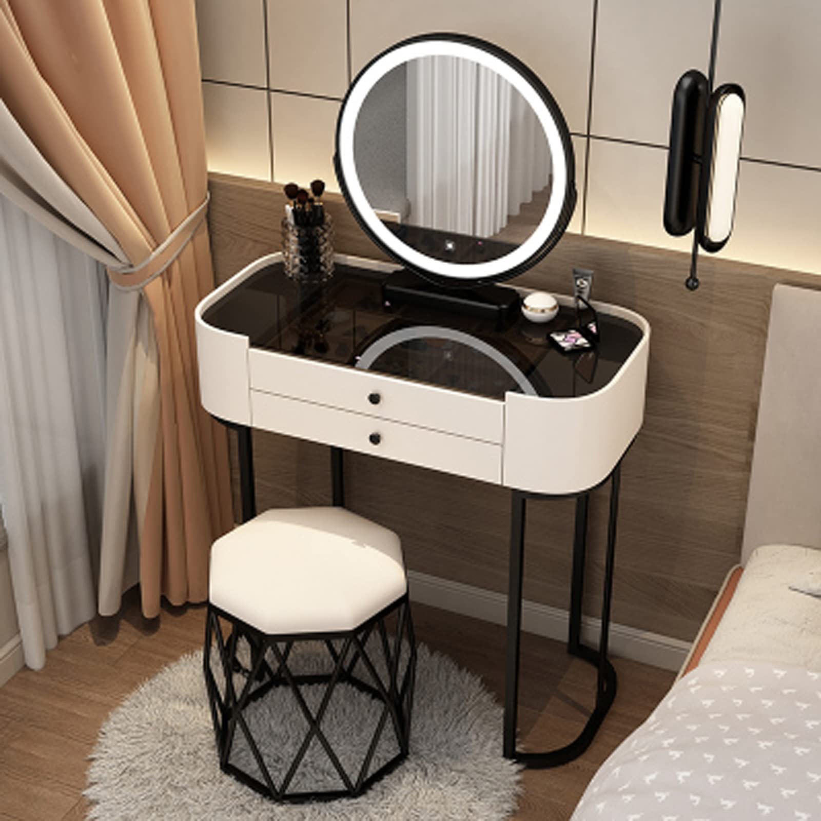 asdchZen Modern Vanity Desk With Lighted Mirror And Makeup Vanity Lights Adjustable Brightness And 3 Color Lighting Modes 2 Large Drawers With Black Tempered Glass Top Perfect For,White-60cm/24in
