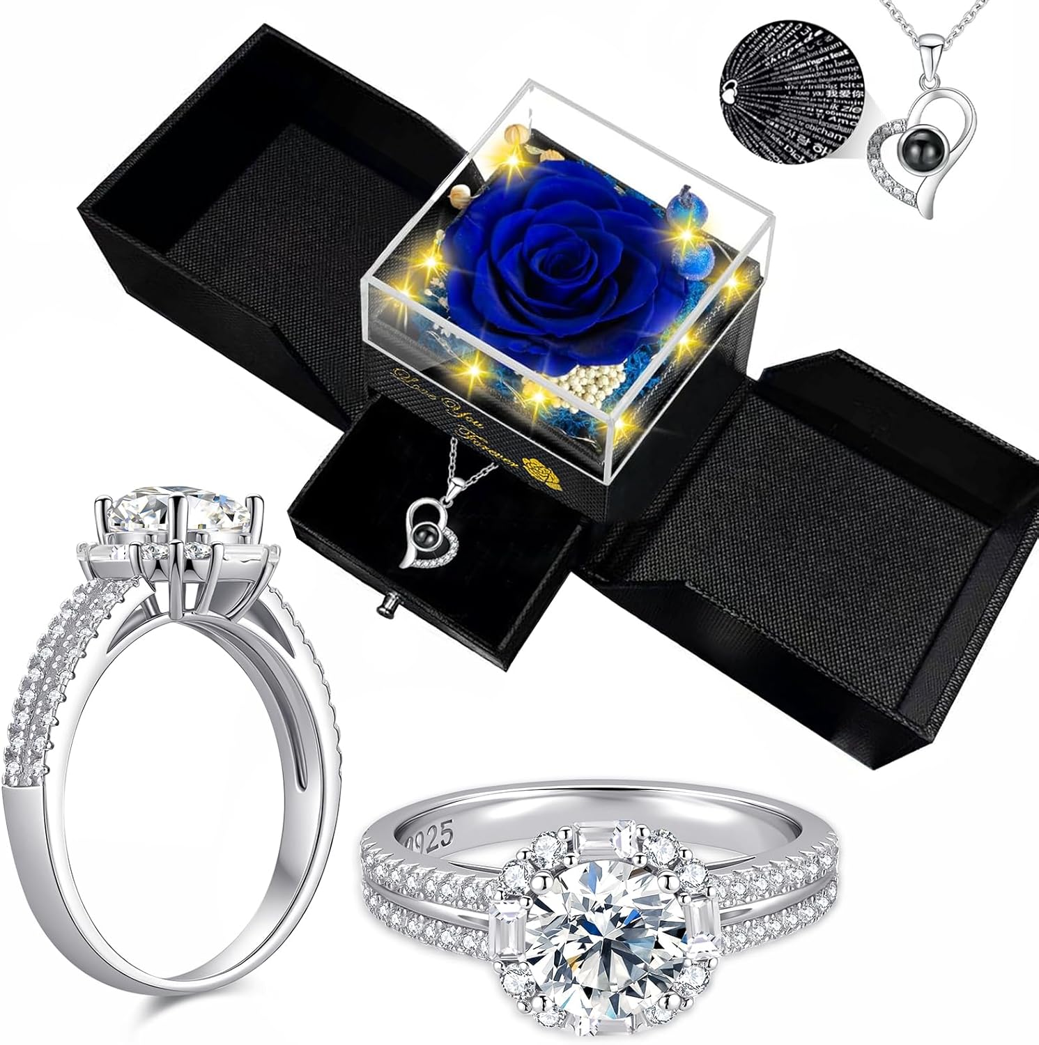1ct Moissanite Rings for Women & Preserved Real Rose-Eternal Flowers Rose, Engagement Promise Rings for her