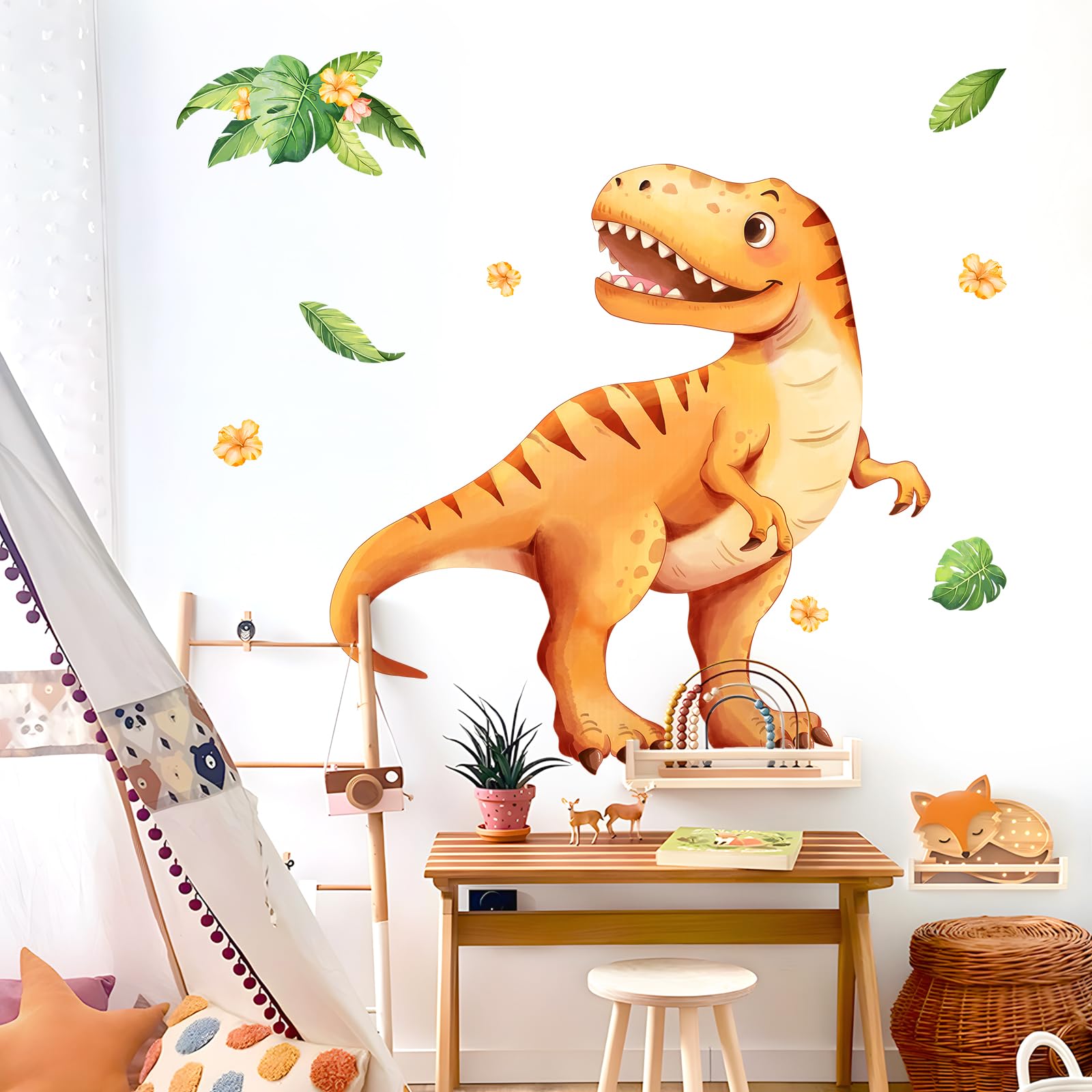 Tanlaby Large Dinosaur Wall Decals Yellow Dino Palm Leaf Wall Stickers Peel and Stick Jungle Art Decor for Baby Nursery Boys Girls Kids Toddler Bedroom Playroom Classroom - Image 2