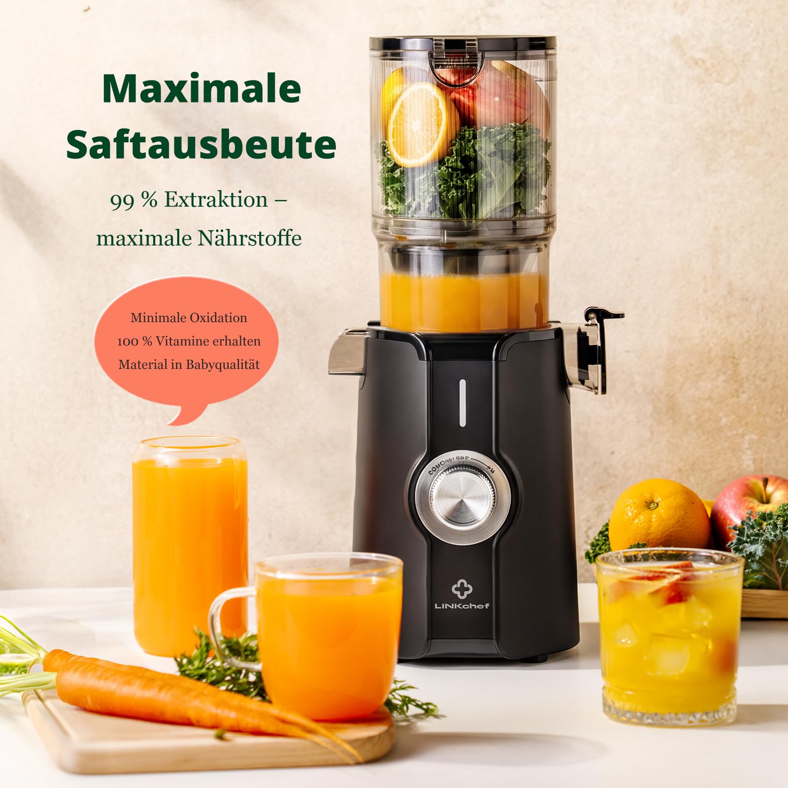 LINKChef Entsafter Slow Juicer, 115 mm Große Einfüllöffnung für Entsafter Gemüse und Obst Testsieger, Kaltentsafter 200W, BPA-frei, Einfach zu Reinigen und Montieren, Schwarz