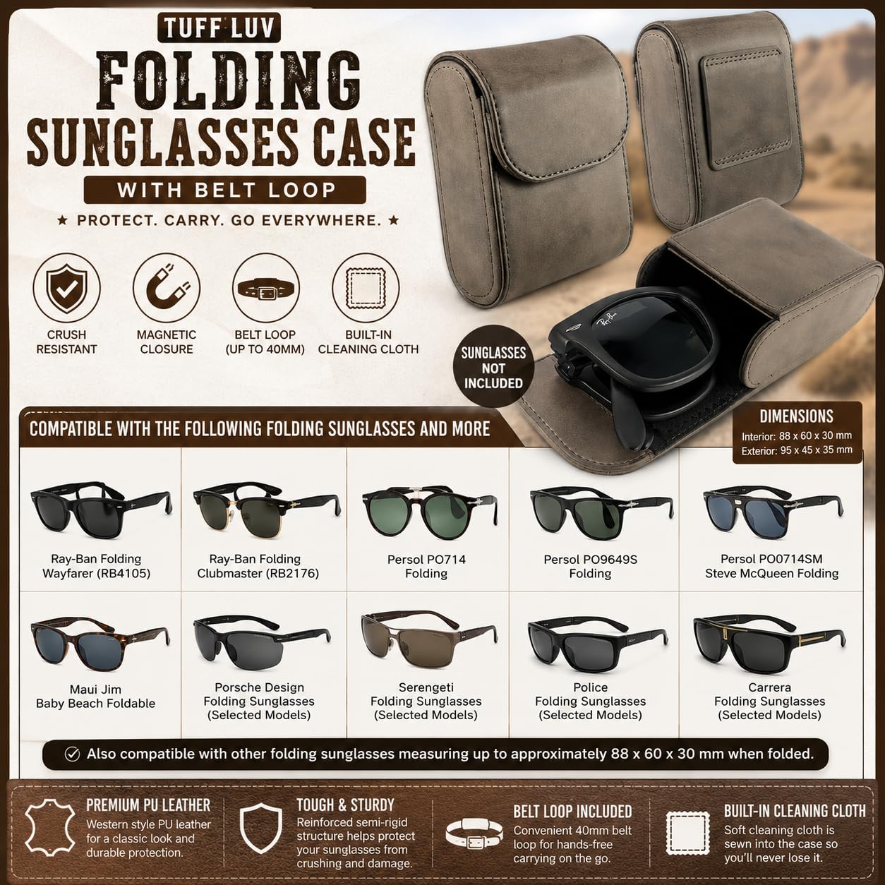 TUFF LUV Klappbare Hülle, kompatibel mit Ray-Ban Wayfarer & Clubmaster | Passend für Persol PO714, Magnetverschluss, Reinigungstuch, Gürtelschlaufe, bruchfest, PU-Leder, weiches Futter