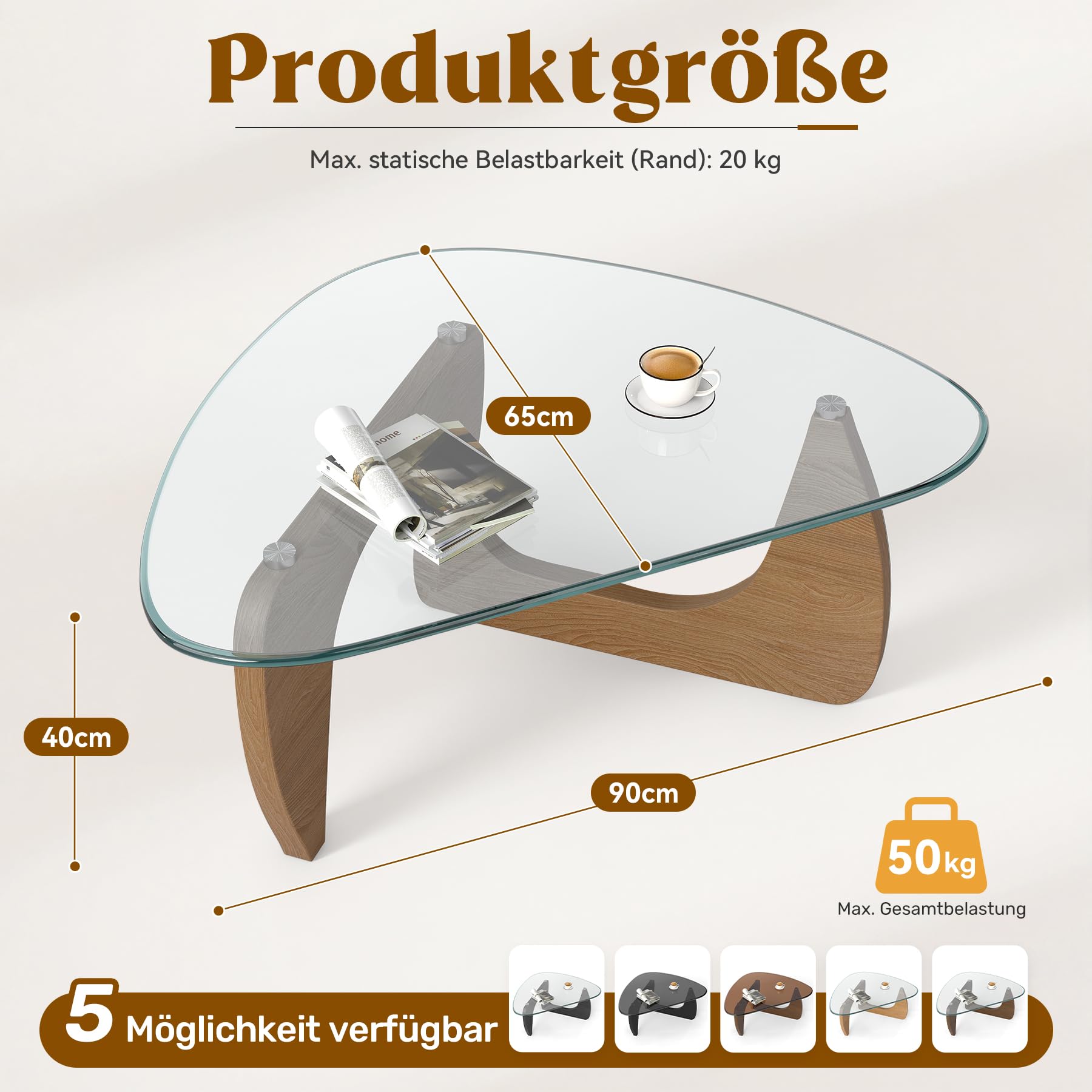 Beistelltisch Dreieckig Couchtisch Glas Transparent, Wohnzimmertisch im Skandinavischen Design, MDF Holz Beine Naturholz-Farbe, 90x60x43cm, Moderner Kaffeetisch Sofatisch Glastisch