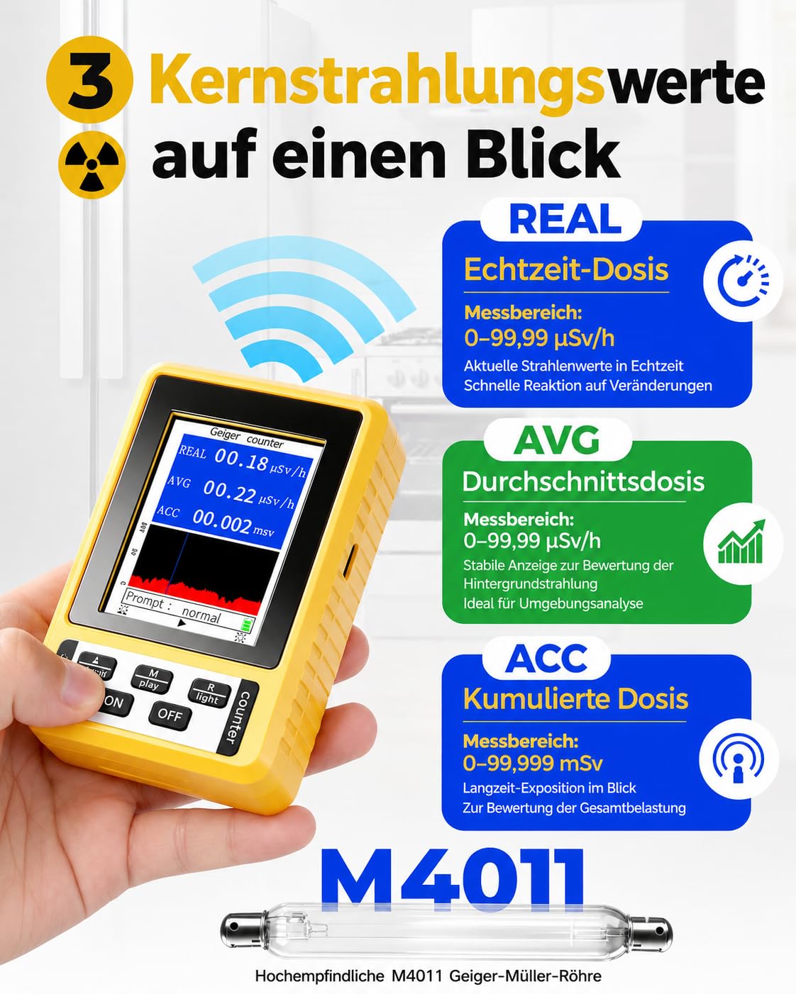 4w1 Licznik Geigera z miernikiem EMF – wykrywa promieniowanie gamma/beta/rentgen oraz pola elektromagnetyczne (EF/MF/RF), z Alarmem i Wyświetlaczem LCD do Domu, Podróży i Zastosowań