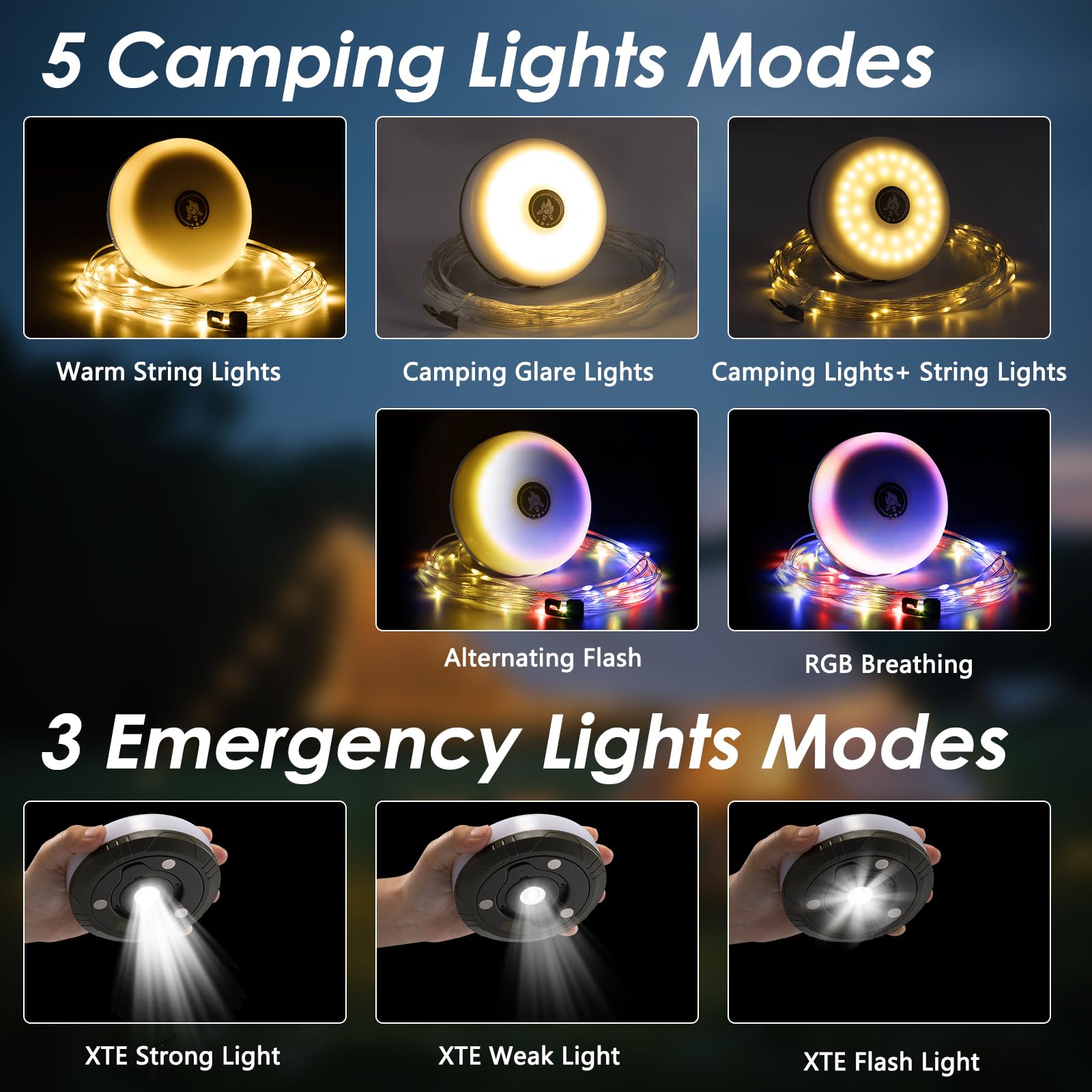 2Pack Camping String Lights 4-in-1 Quick Storage Camp Light 8Mode 32 8FT Hanging Tent Lights Rechargeable Camp Lamp — view 3