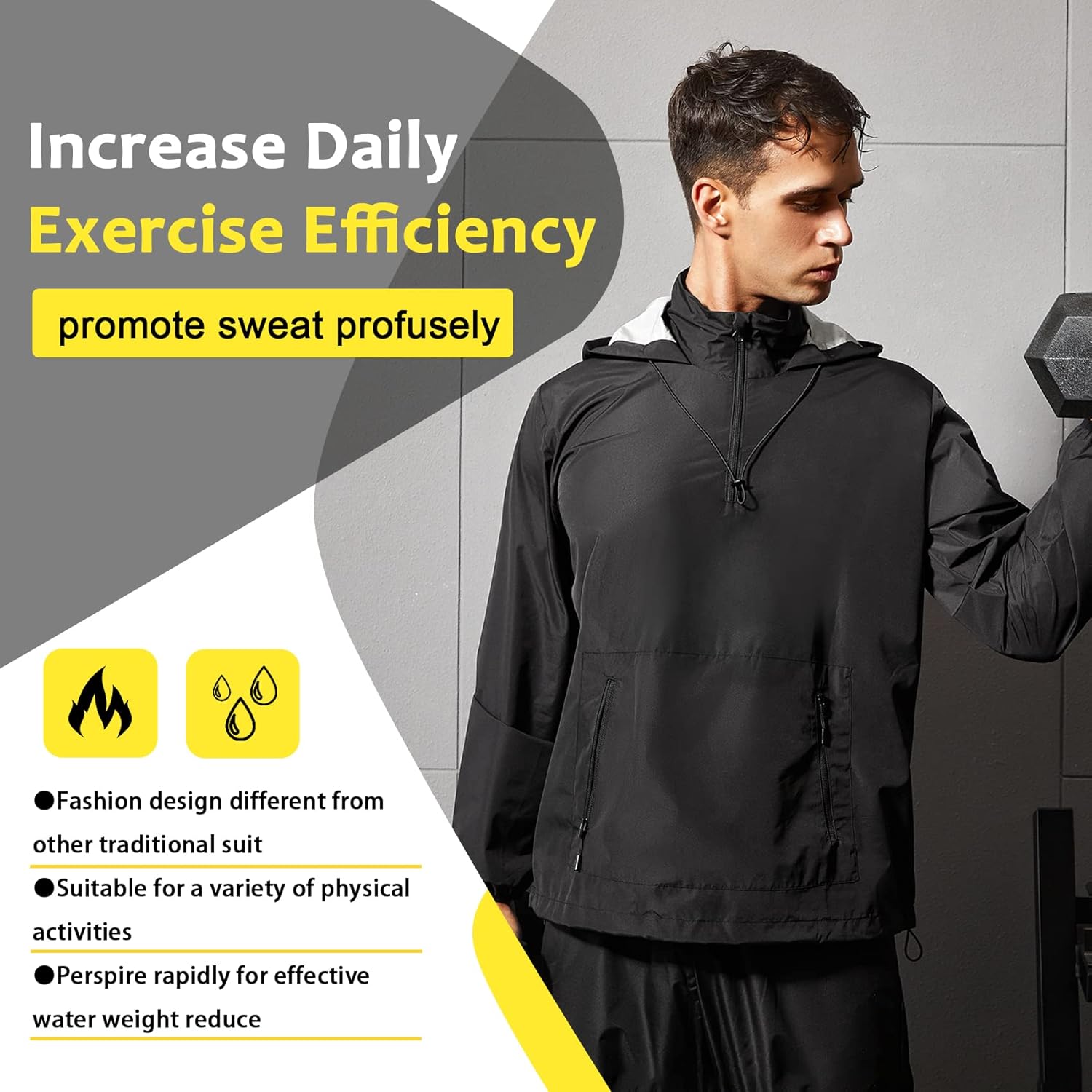 Miniatura 5 de Junlan Chaqueta de sauna para hombre, sudadera con capucha y cremallera, traje de sauna para entrenamiento