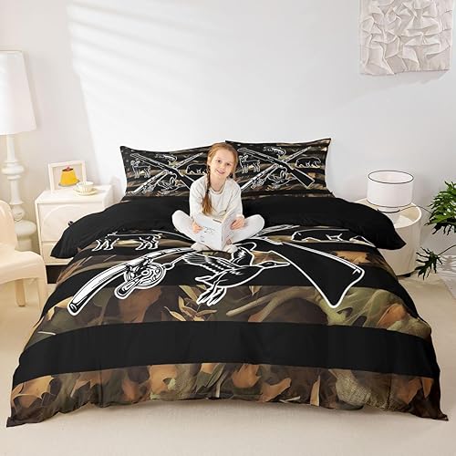Miniatura 4 de Erosebridal Juego de ropa de cama de caza y pesca para niños y hombres, funda de edredón con bandera estadounidense de camuflaje, tamaño individual,
