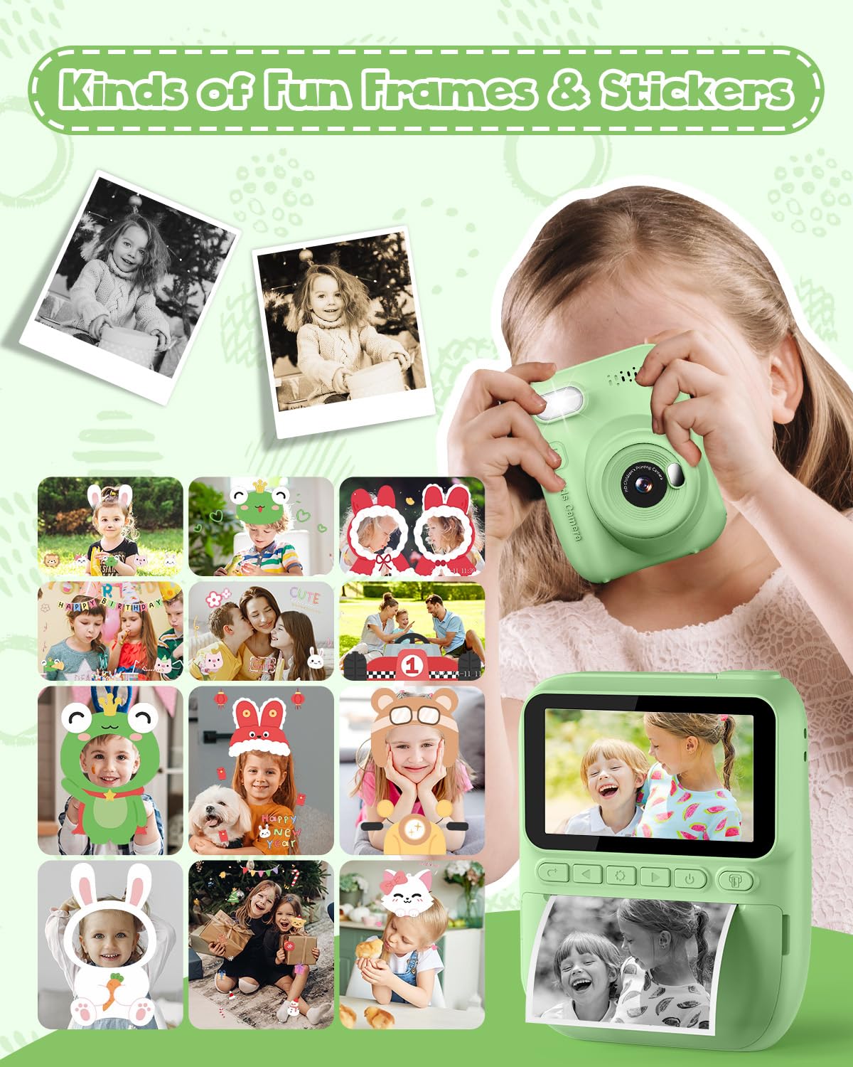 Kinderkamera Sofortbildkamera 3,0 Zoll 1080P Digitalkamera mit Druckerpapier & 32GB Karte für 3-10 Jahre (Grün)
