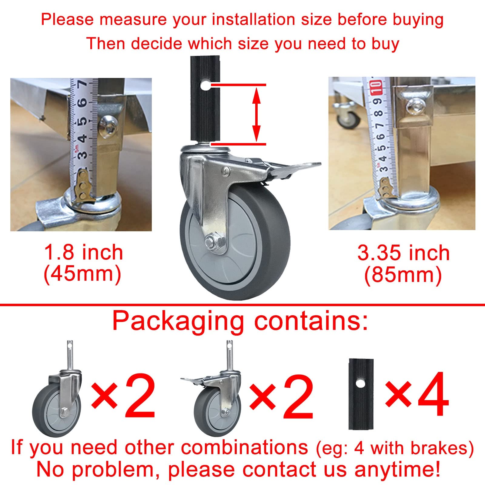 LIGUOYI Set da 4 Ruote Girevoli per Carrello Inox - M12 Steli con 23mm Manicotto Quadrate - Ricambio A Rotelle per Carrello da Cucina, Ø 100 Mm Ruote Gomma Termoplastica 2 con Freni 2 Senza Freni