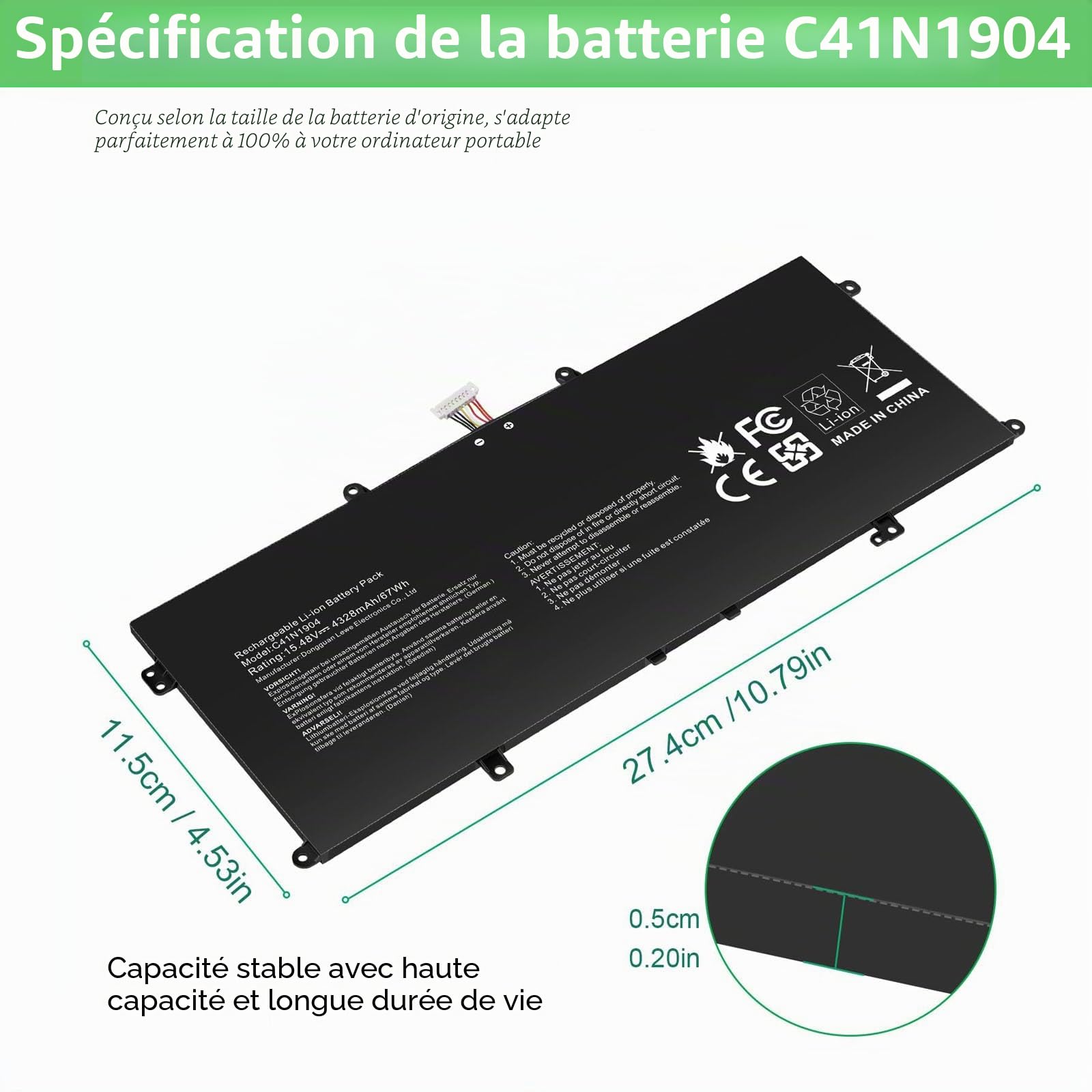 C41N1904 C41N1904-1 Batterie de remplacement pour ordinateur portable Asus Zenbook 13 UX363EA UX363JA UX393EA UX325EA UX325JA 14 UX425EA UX425JA UM425IA UM325SA BXX 325EAA. VivoBook S14 S435