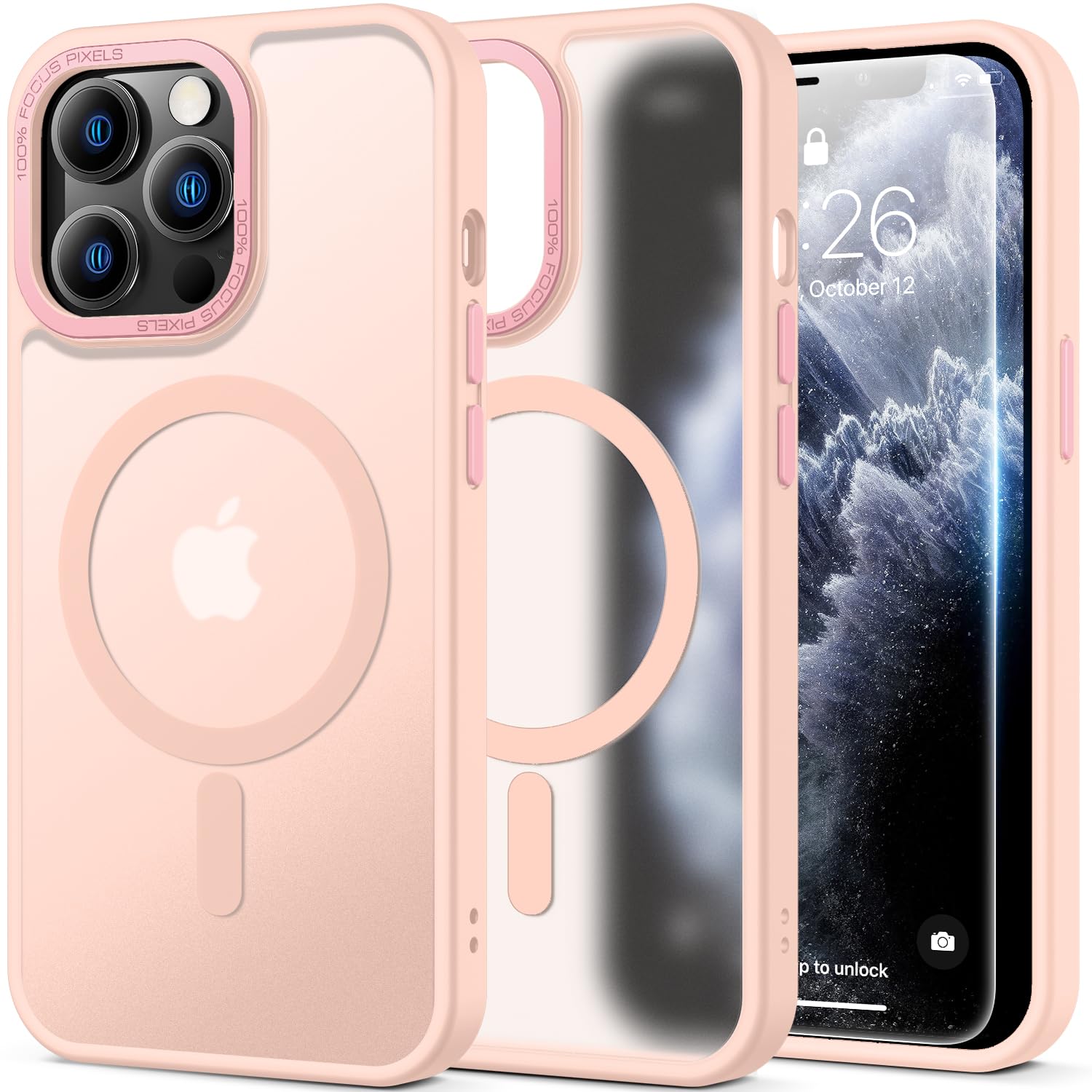 Kiresen Strong Magnetic for iPhone 15 Pro Max Case with Screen Protector - Wireless Charging Compatible, 21ft Military-Grade Drop Tested, Shockproof Slim Fit Translucent Matte Cover - Pink
