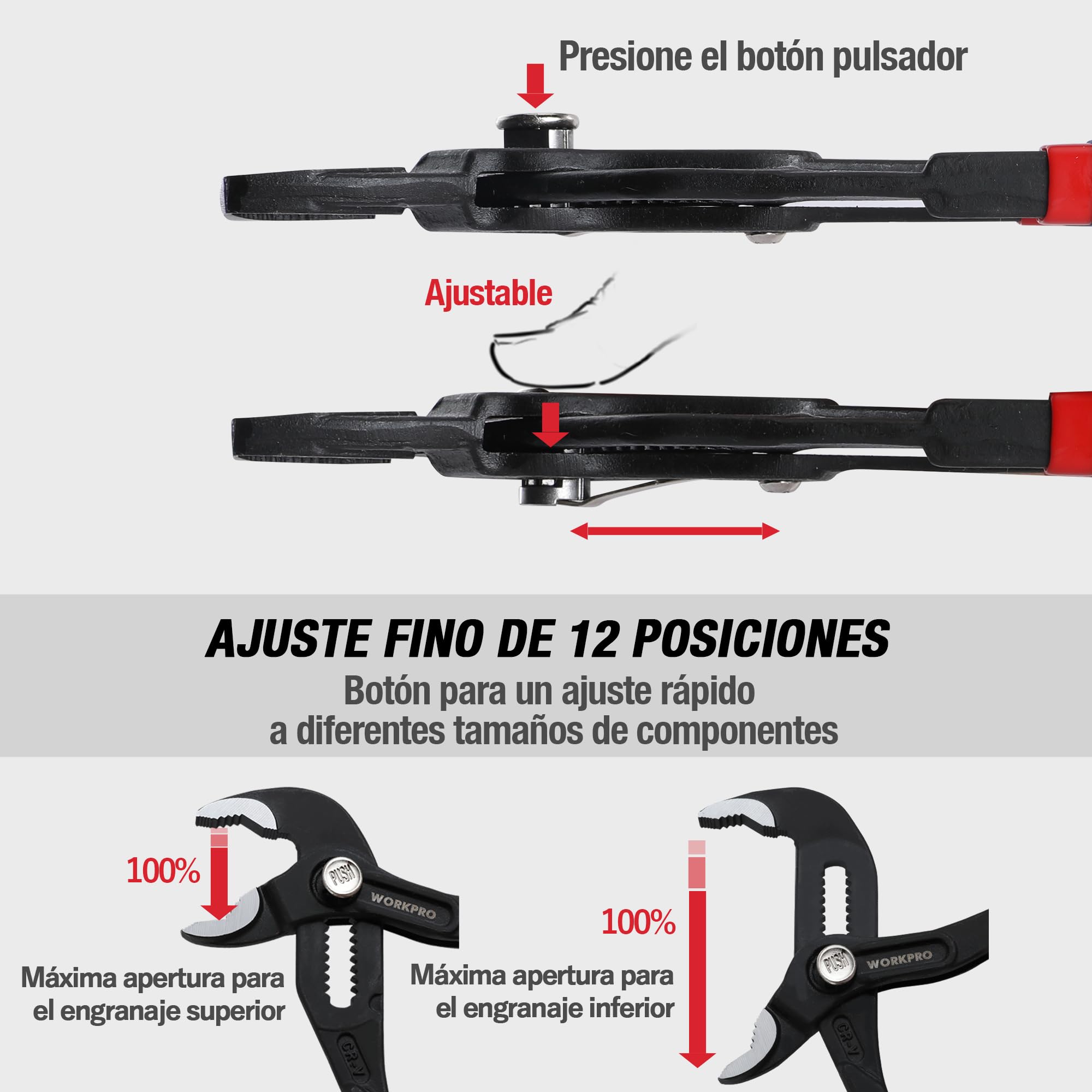 WORKPRO - Pinzas para bomba de agua de 180 mm y 250 mm, asas de manguera ajustables rápidas, conjunto de pinzas de junta deslizante con gran capacidad de mandíbula y mango antideslizante